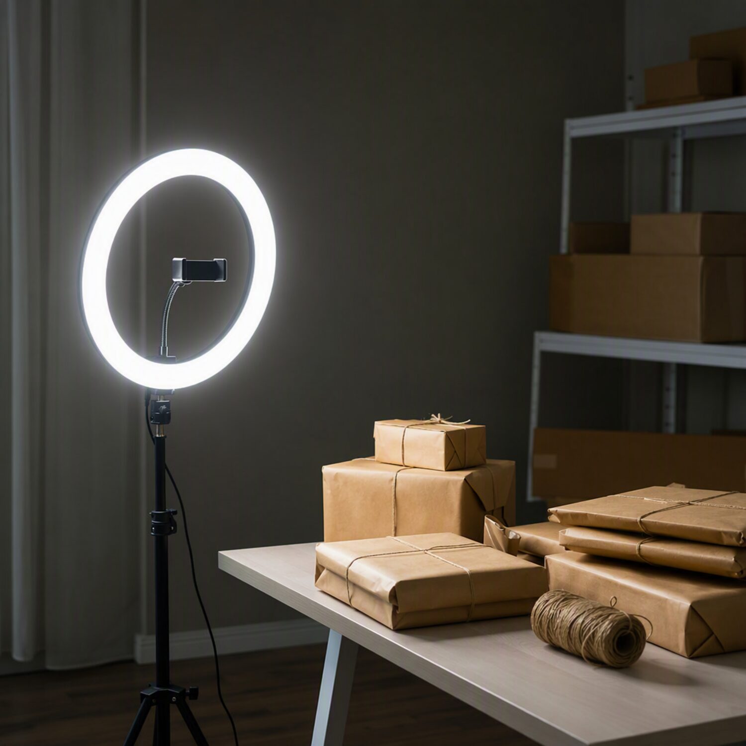 A ring light facing wrapped parcels