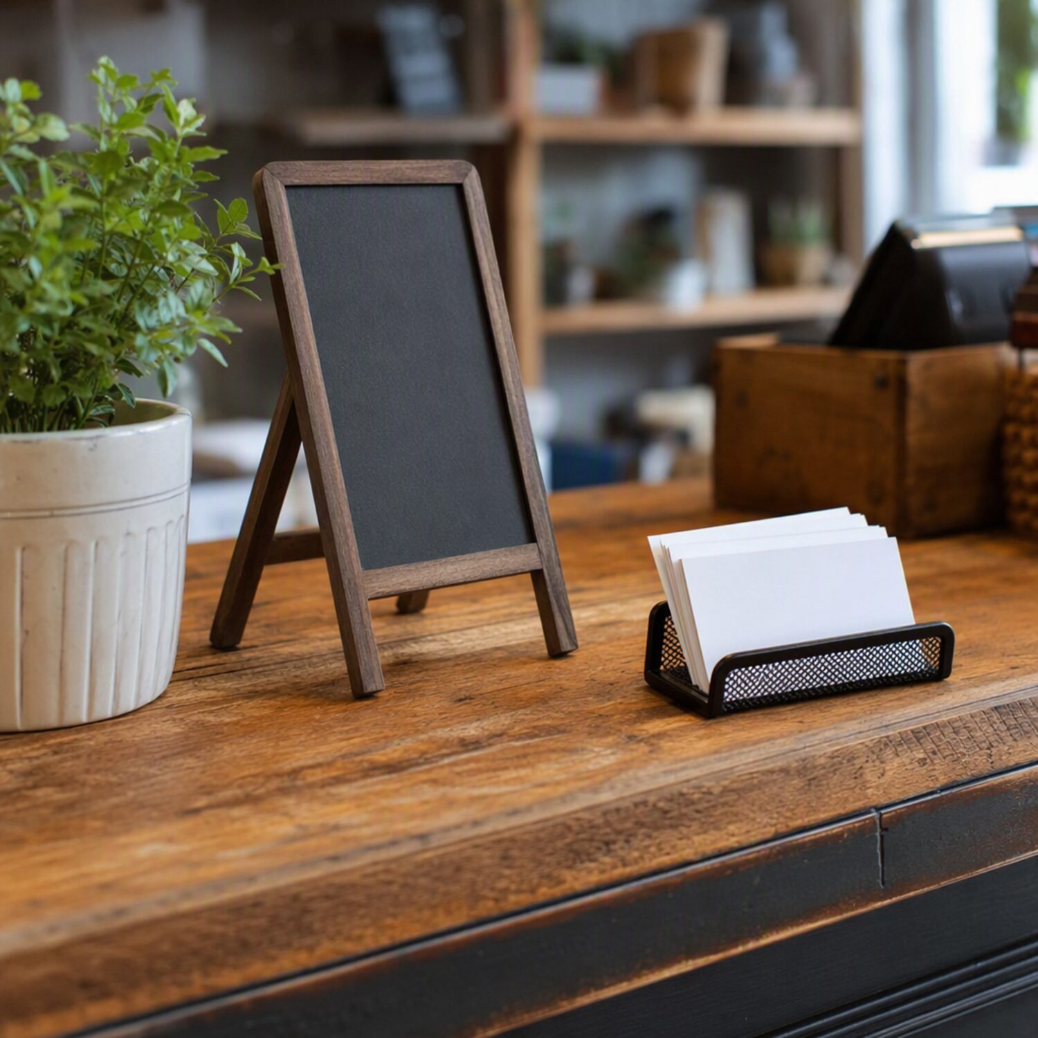 A shop counter with a chalkboard easel