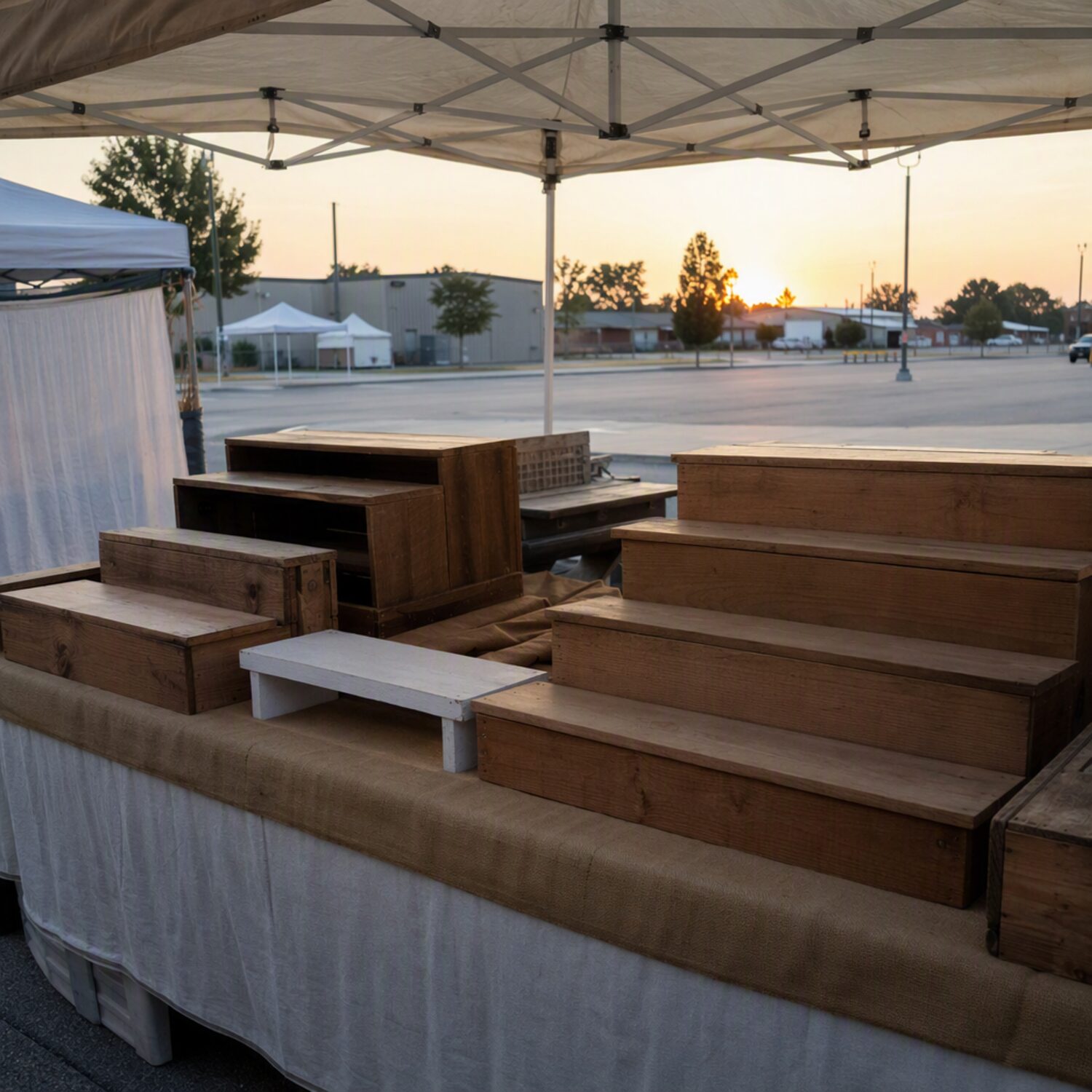 An empty market stall with wooden risers