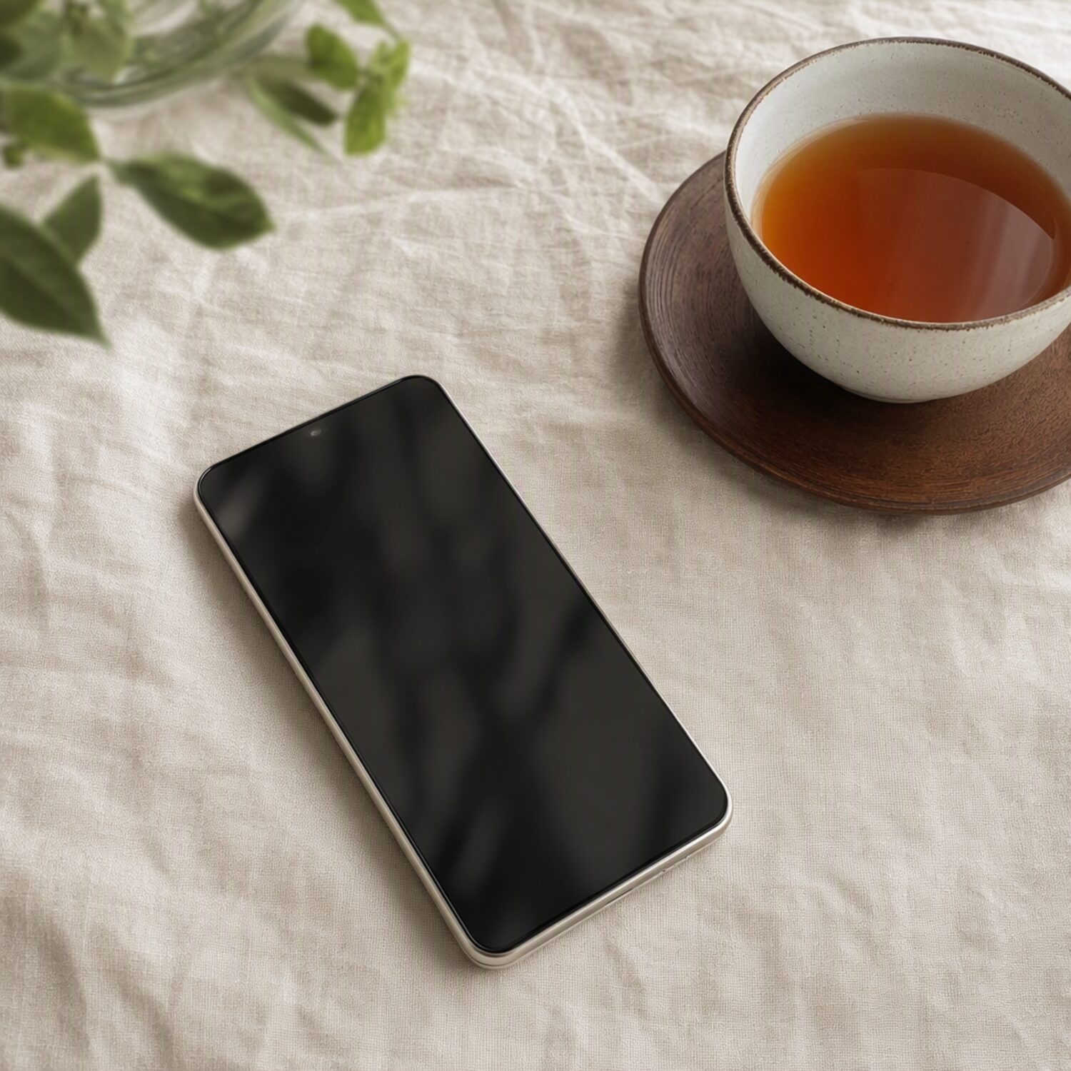 A phone face up beside a cup of tea
