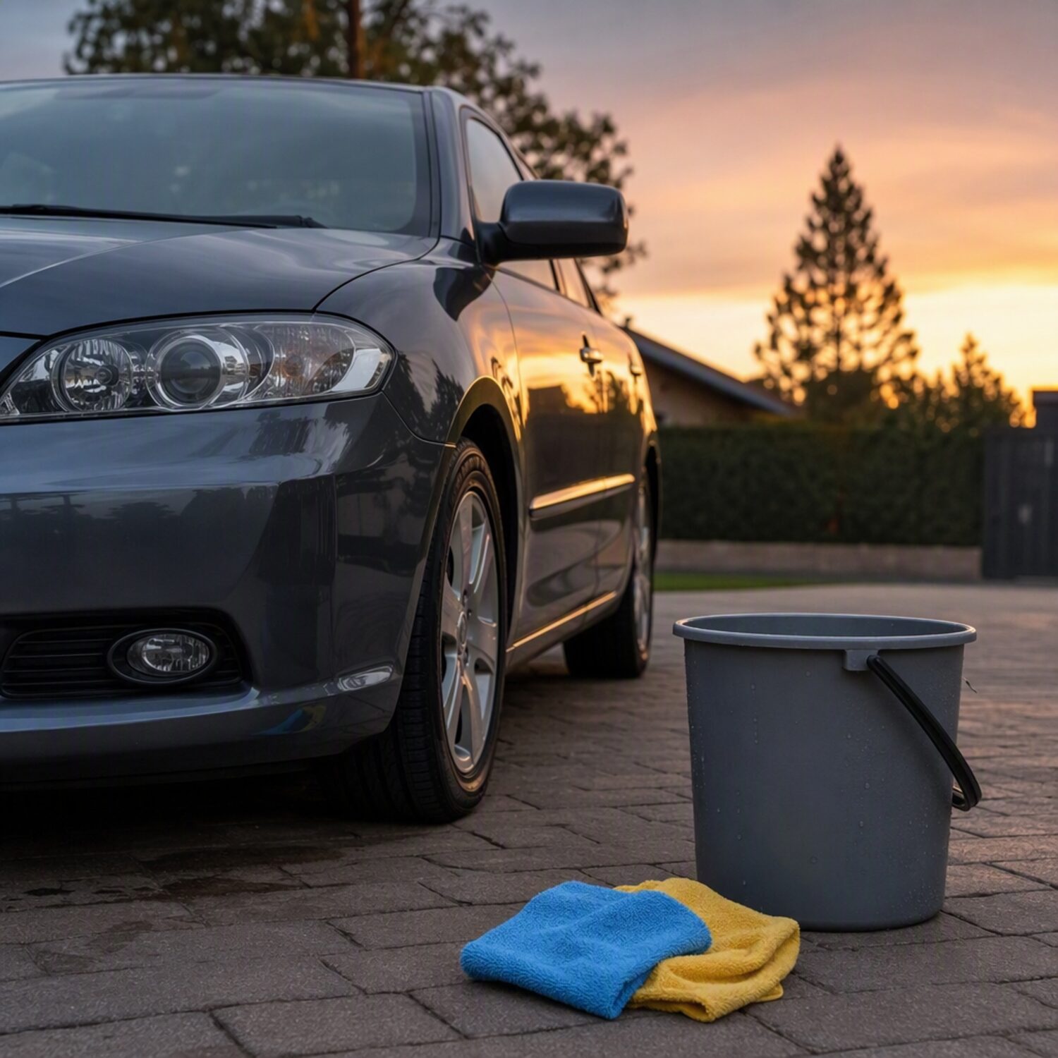 A car on a driveway with cleaning supplies