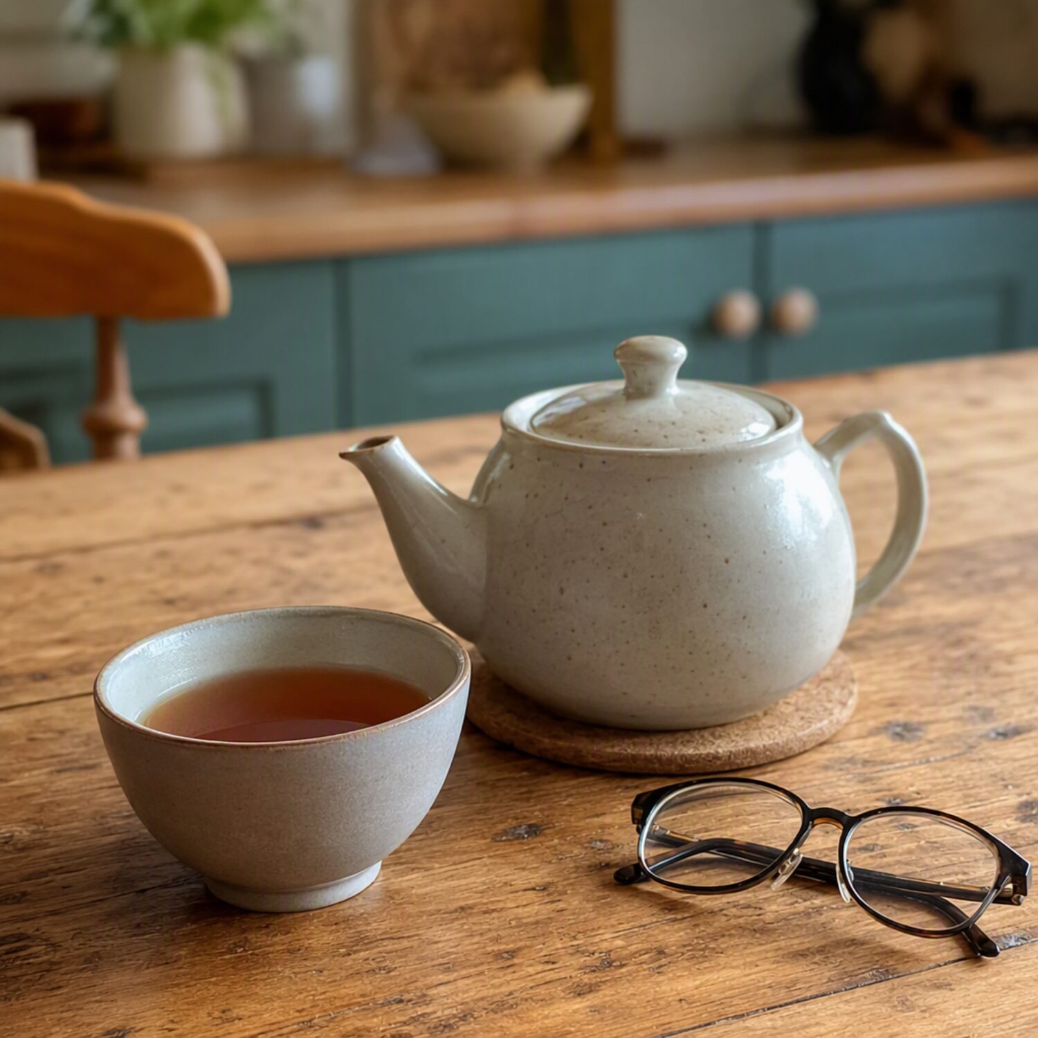 A teapot and cup beside reading glasses