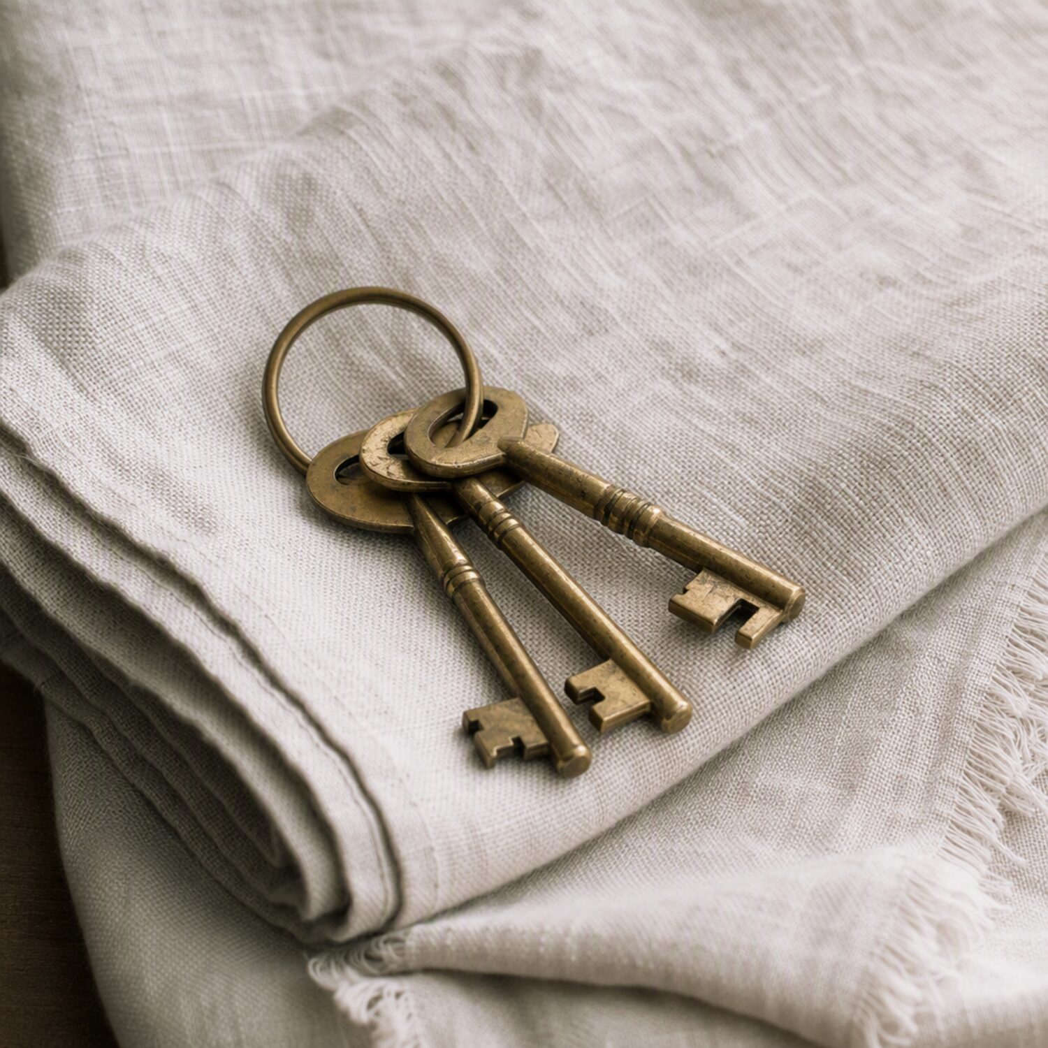 Three brass keys on folded linen