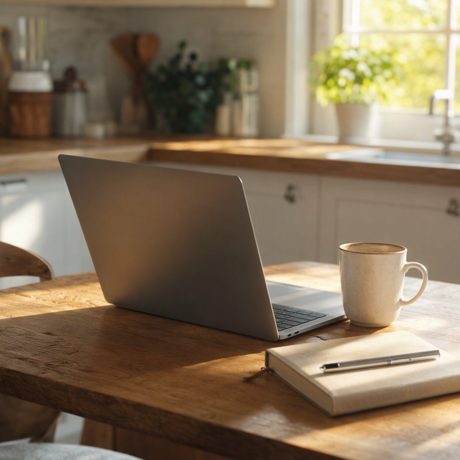 A laptop on a kitchen table with a mug