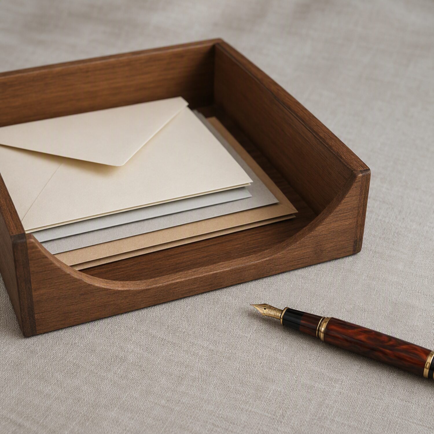A letter tray with folded envelopes