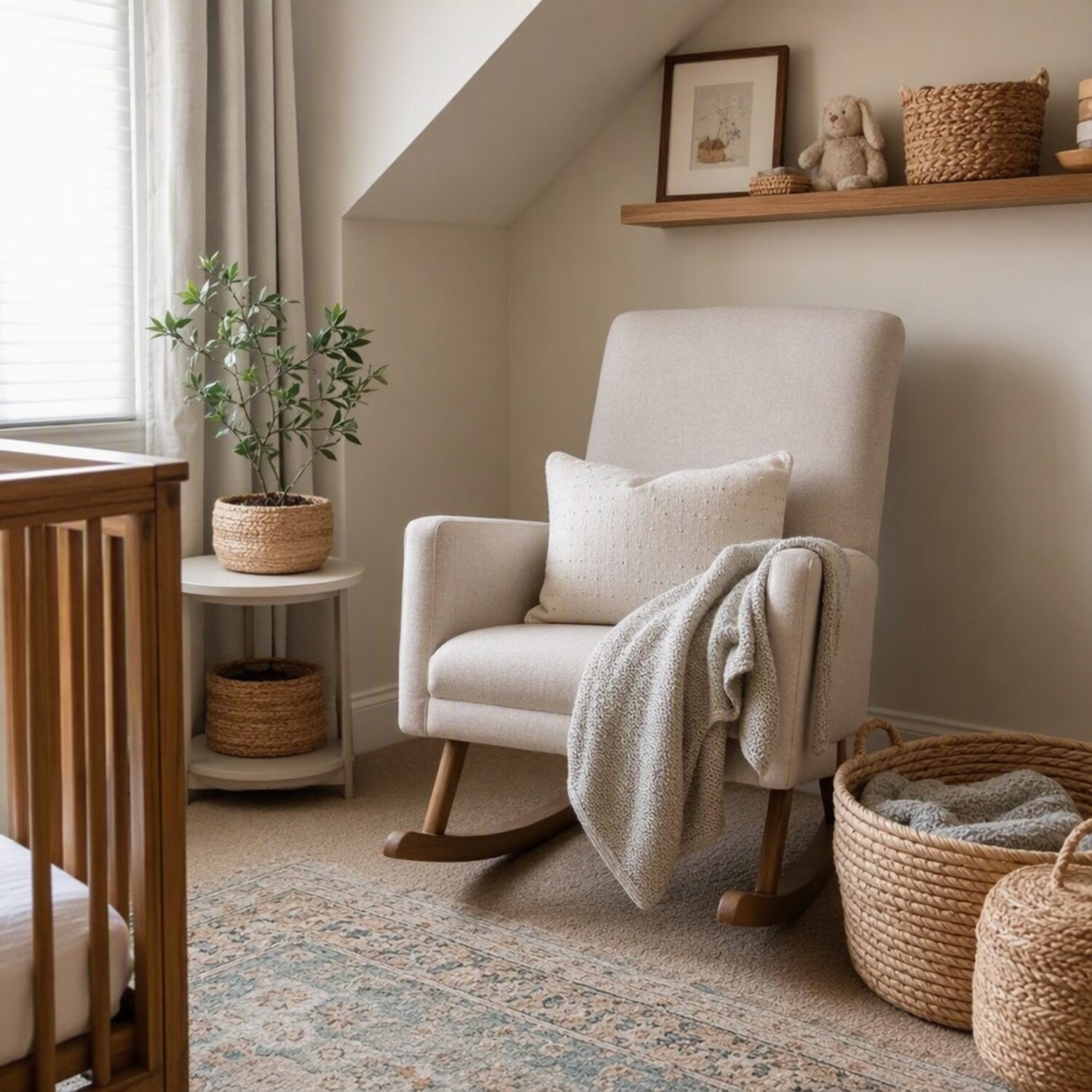 A nursery corner with a rocking chair