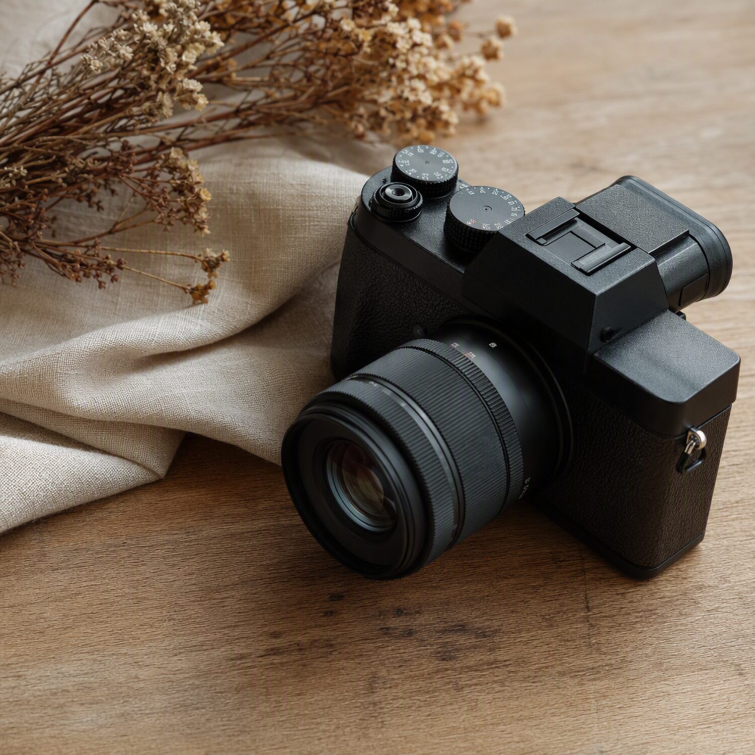 A camera beside dried flowers on a table
