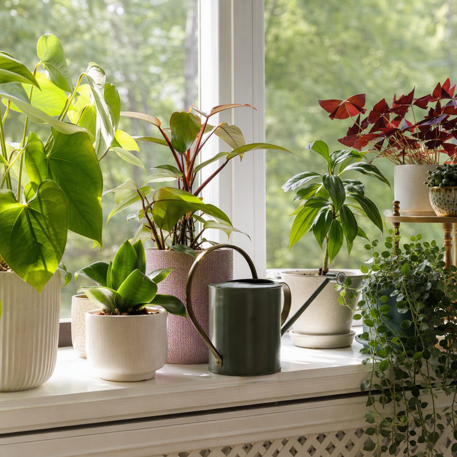 A windowsill crowded with houseplants