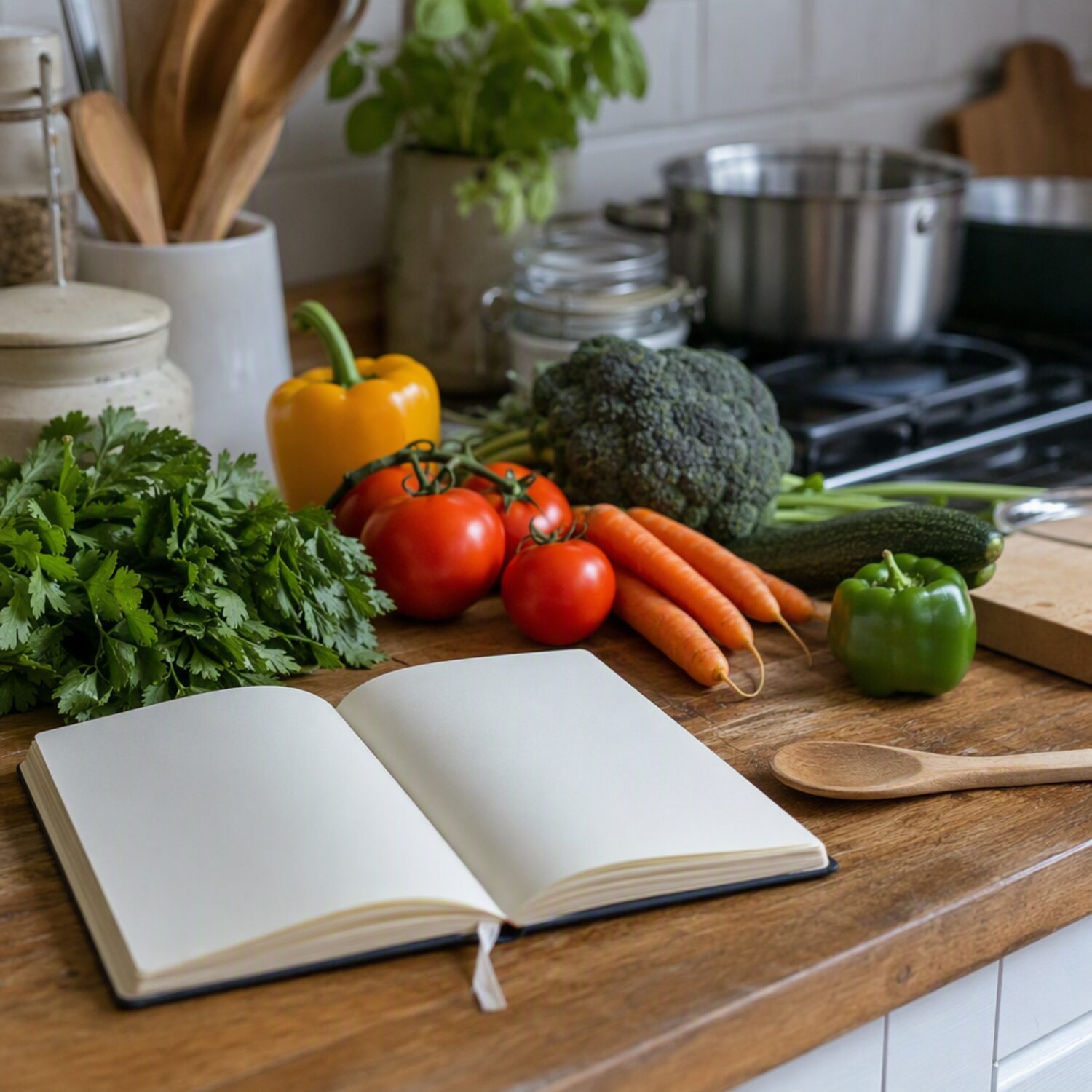 A kitchen counter with vegetables and a notebook