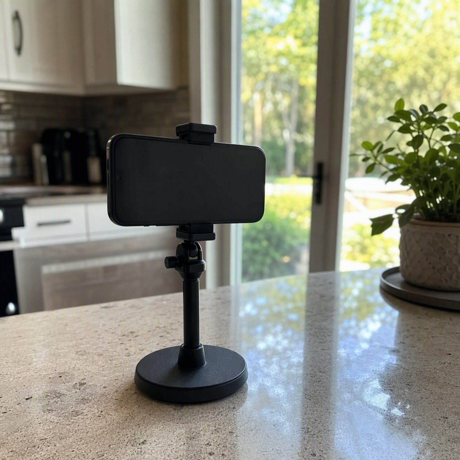 A phone on a stand on a kitchen counter