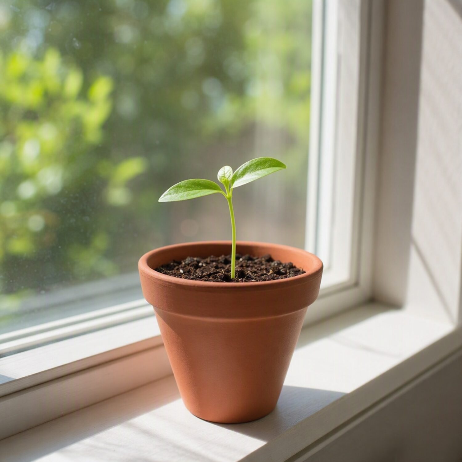 A seedling in a terracotta pot