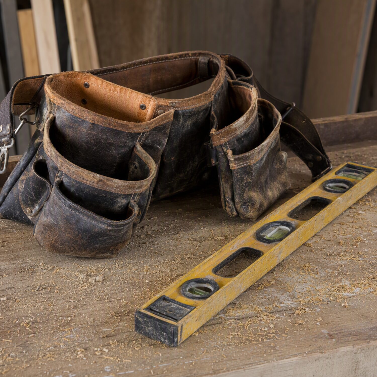 A tool belt and spirit level on a bench