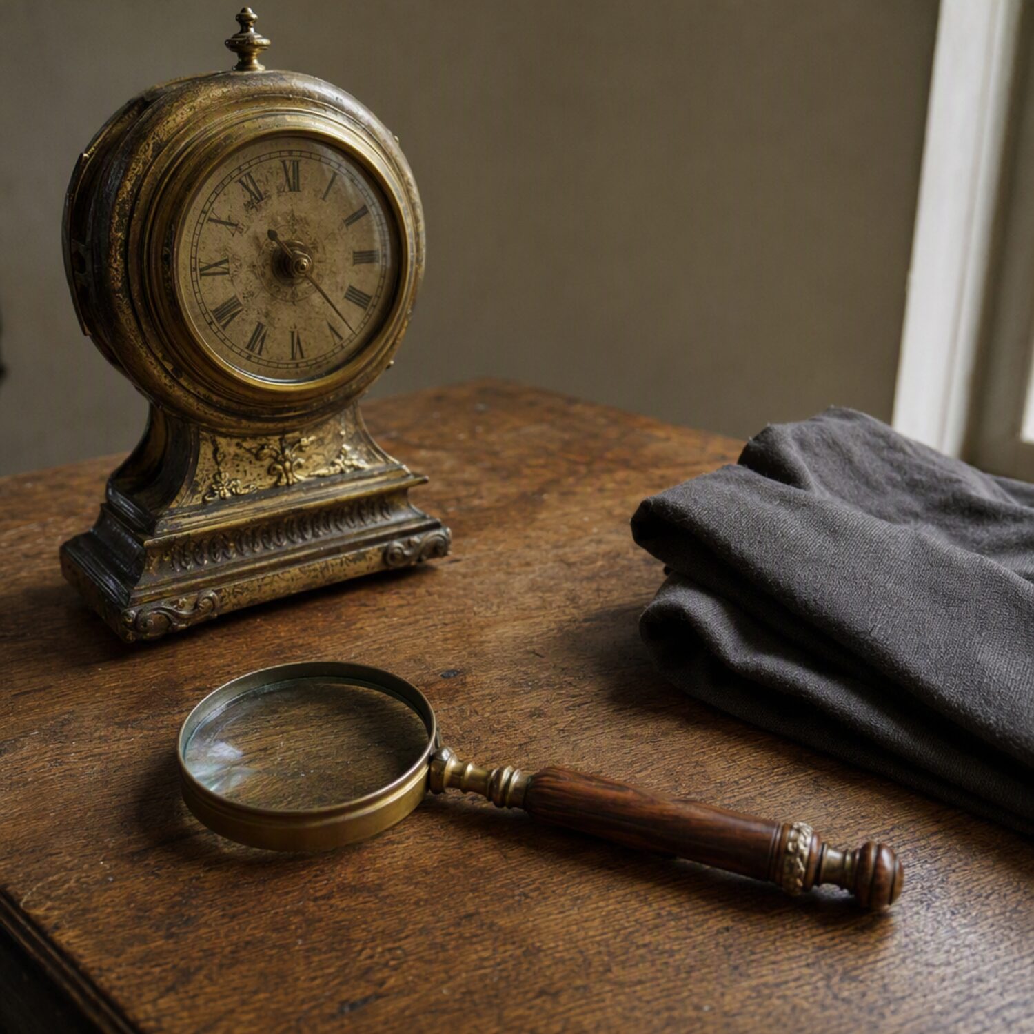 A brass clock and magnifying glass on a table