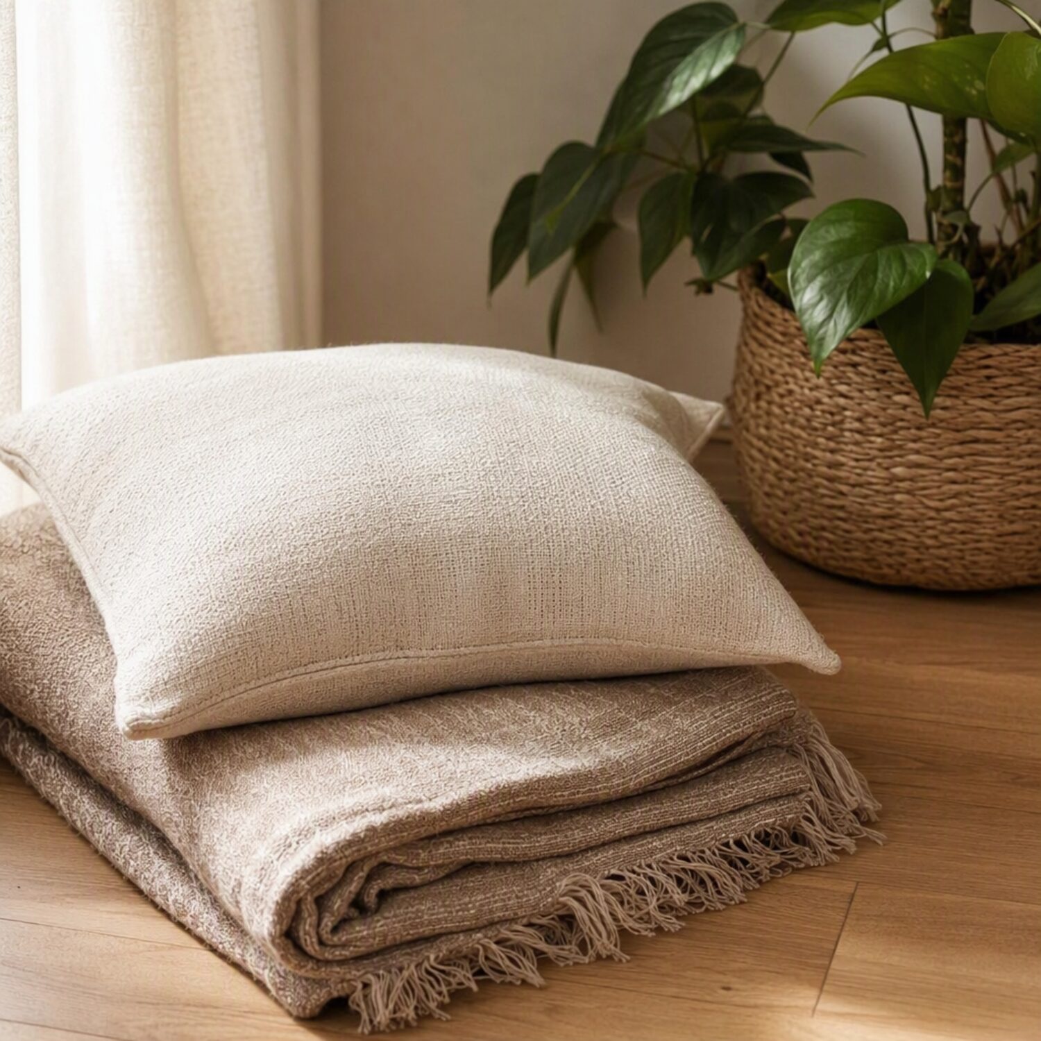 A folded blanket and cushion on a wooden floor