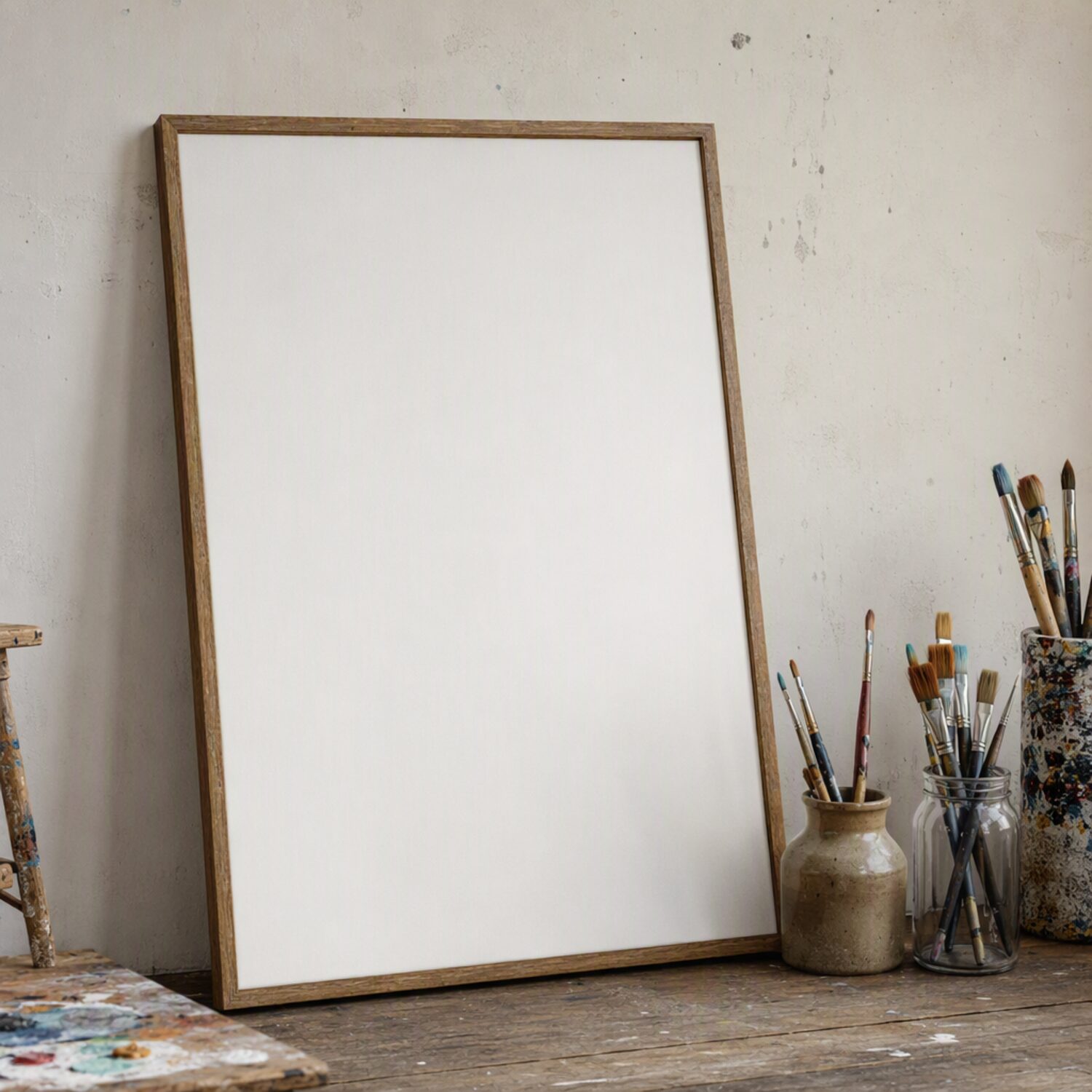 A blank framed canvas beside brush jars