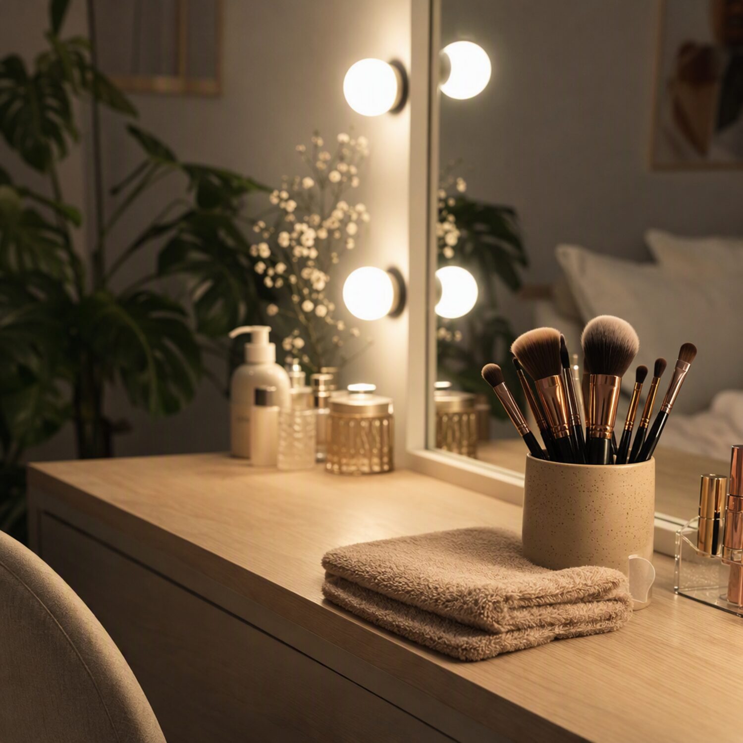A vanity table with brushes and soft lighting