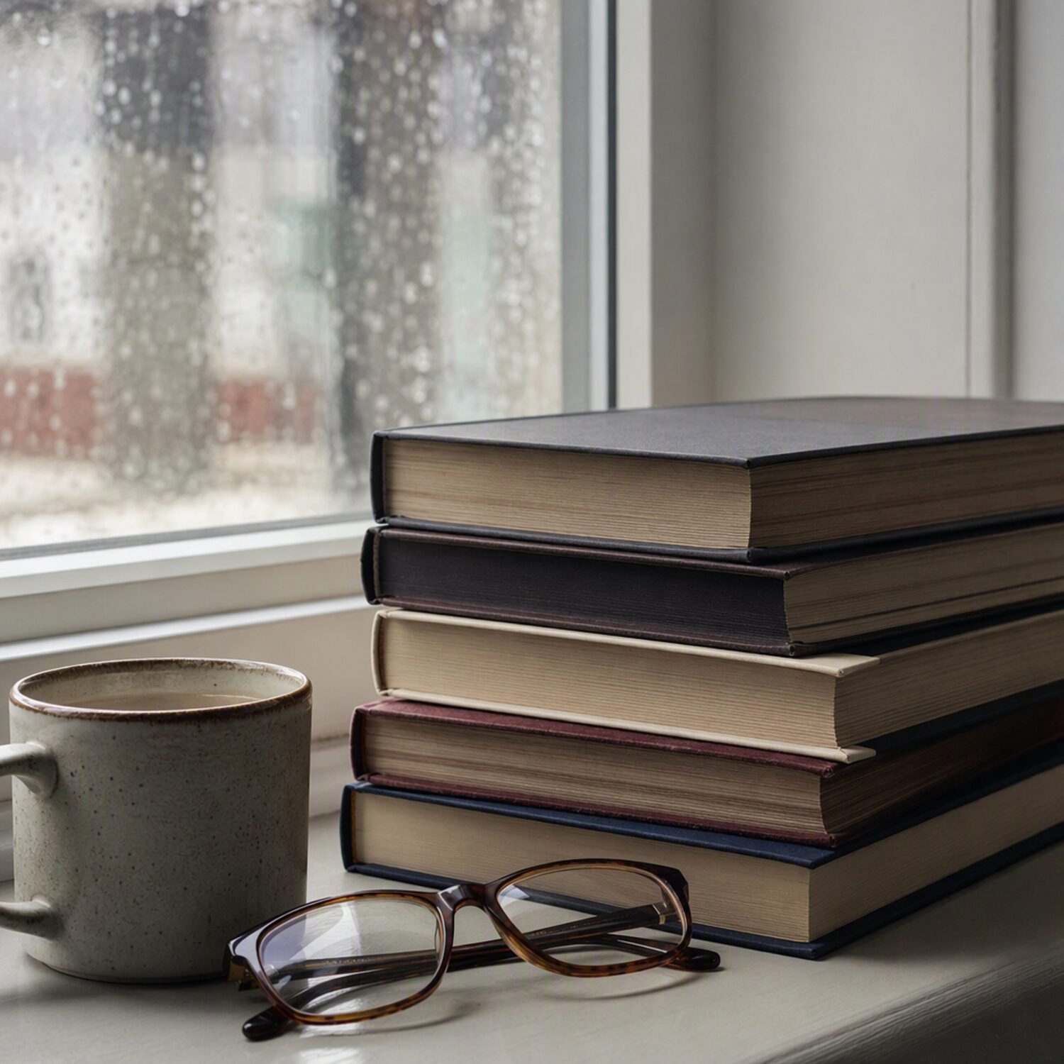 Stacked books on a windowsill with a mug