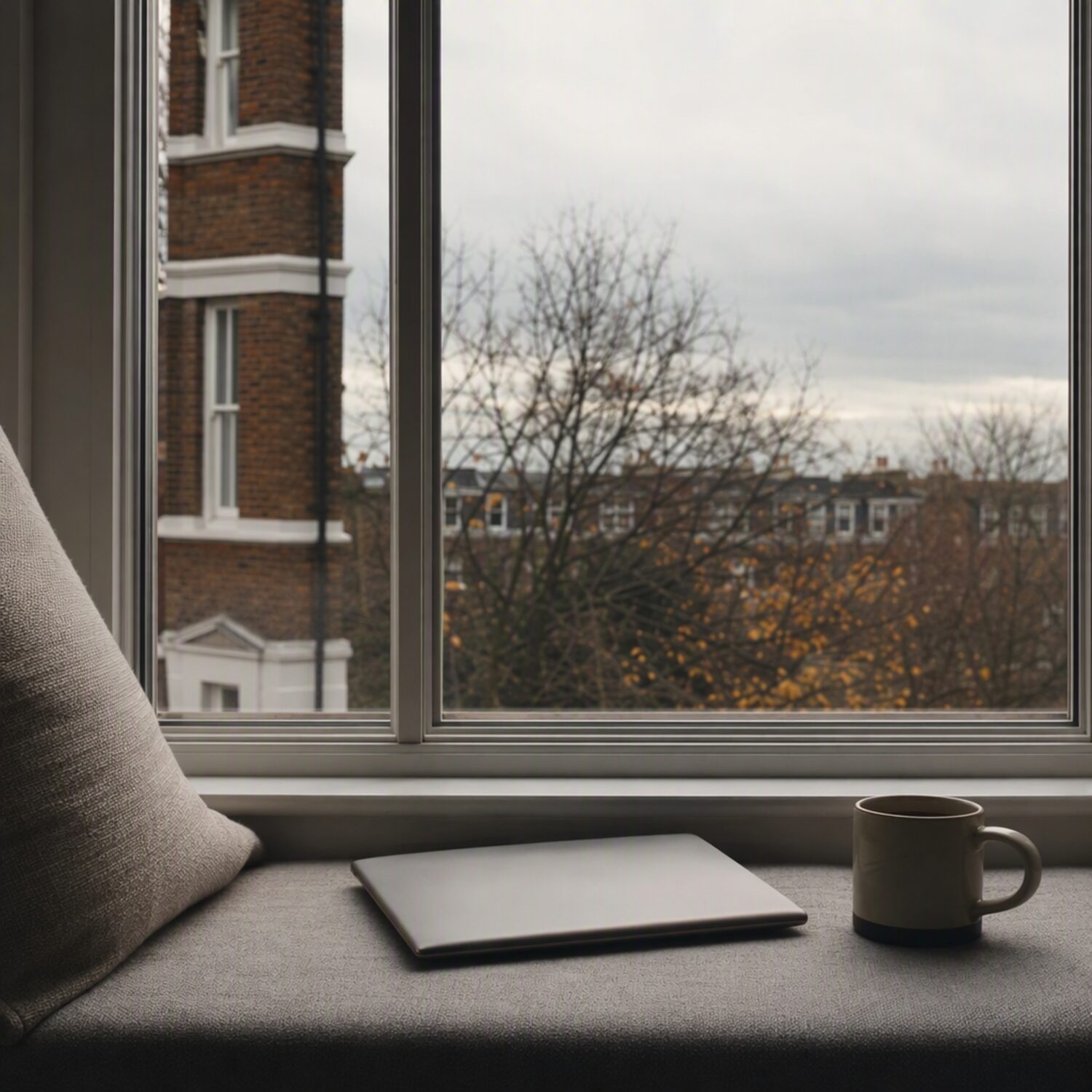 A closed laptop and mug on a window seat