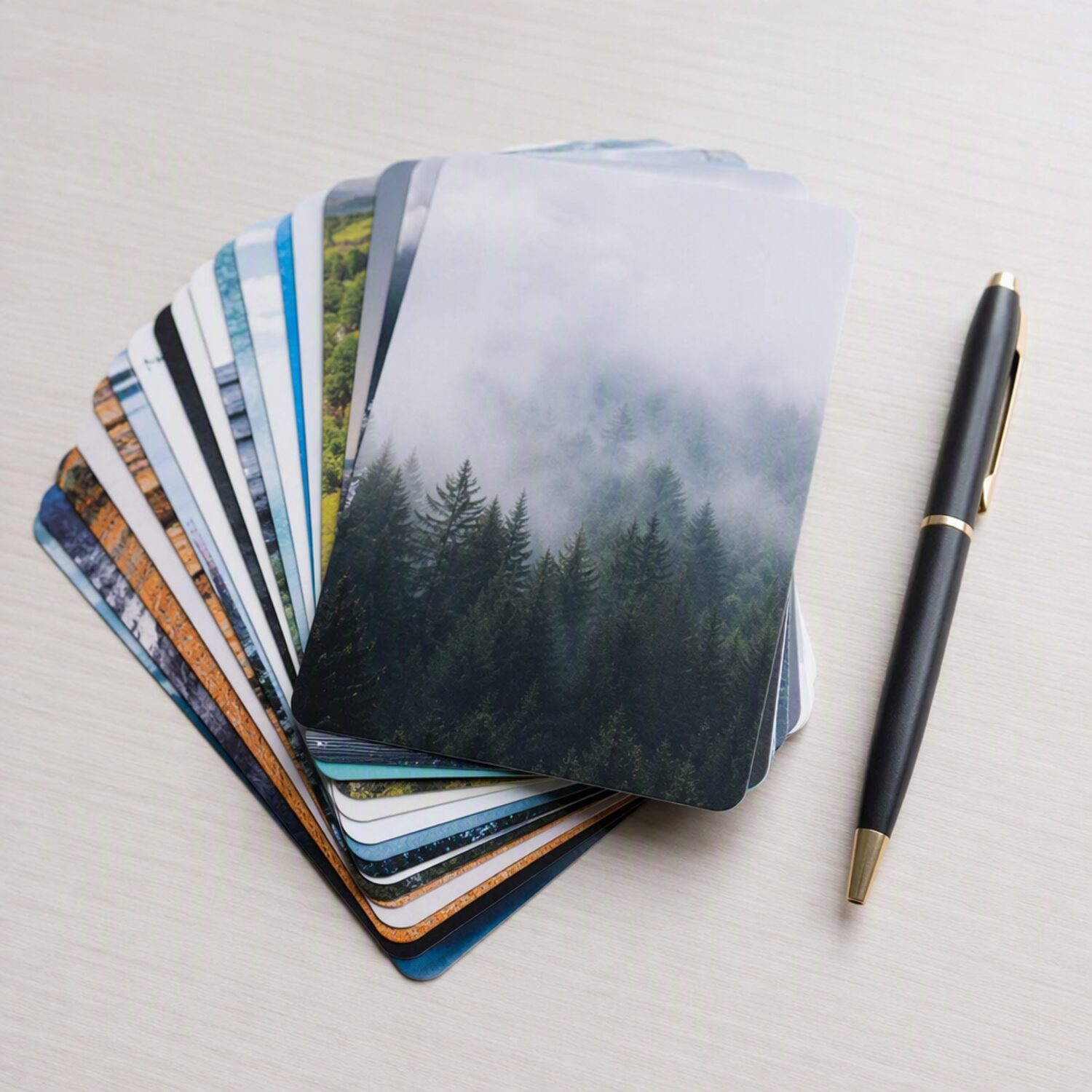 Printed cards fanned out on a table
