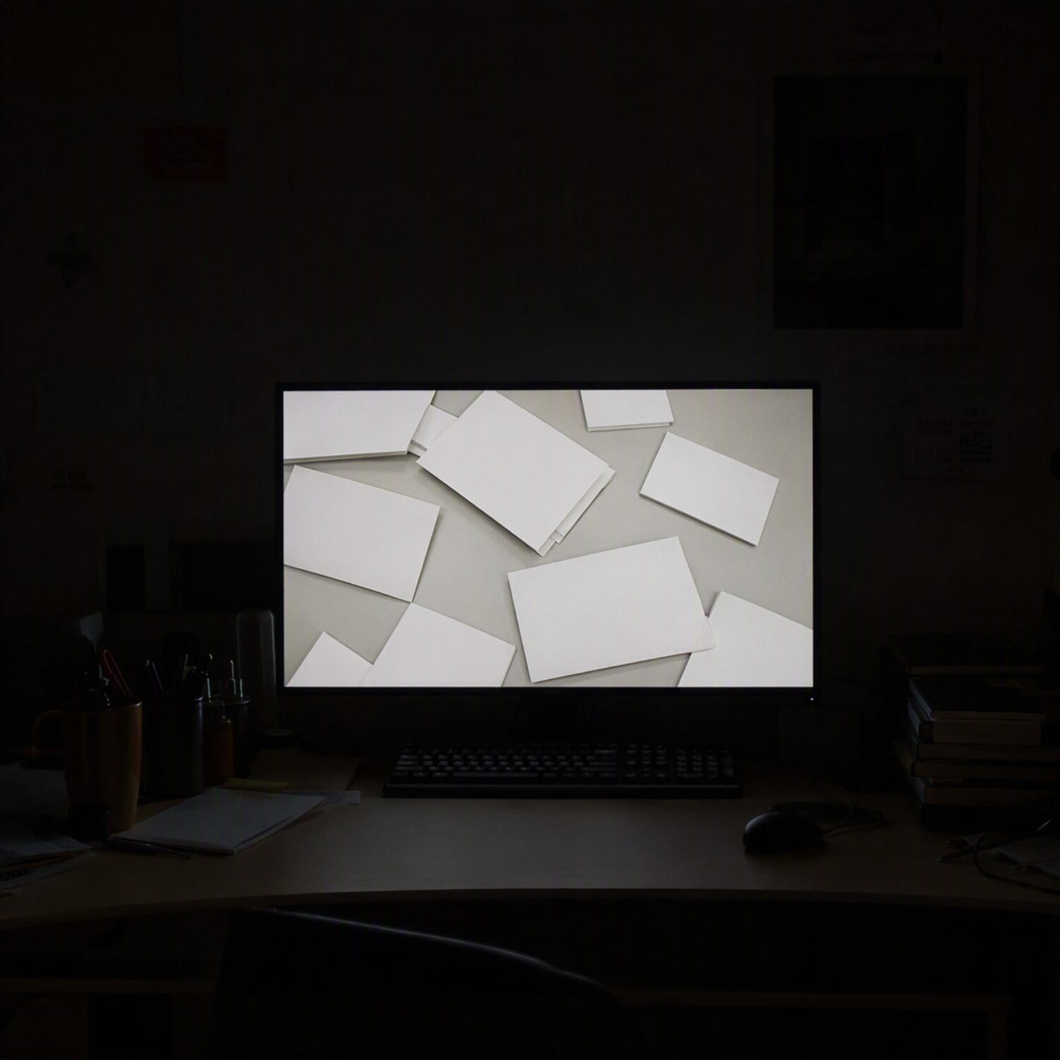 A monitor showing an abstract feed of cards