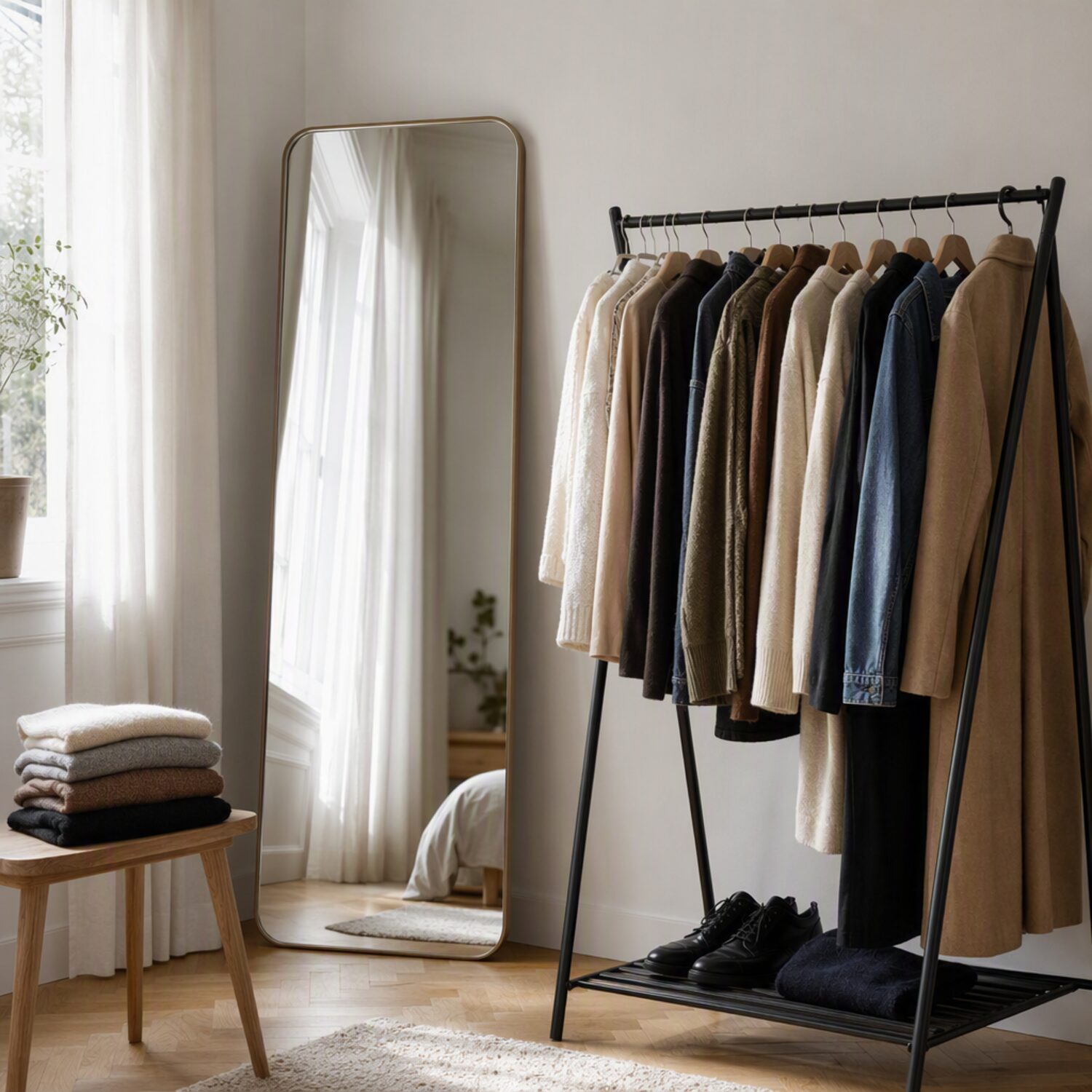 A clothing rail beside a mirror