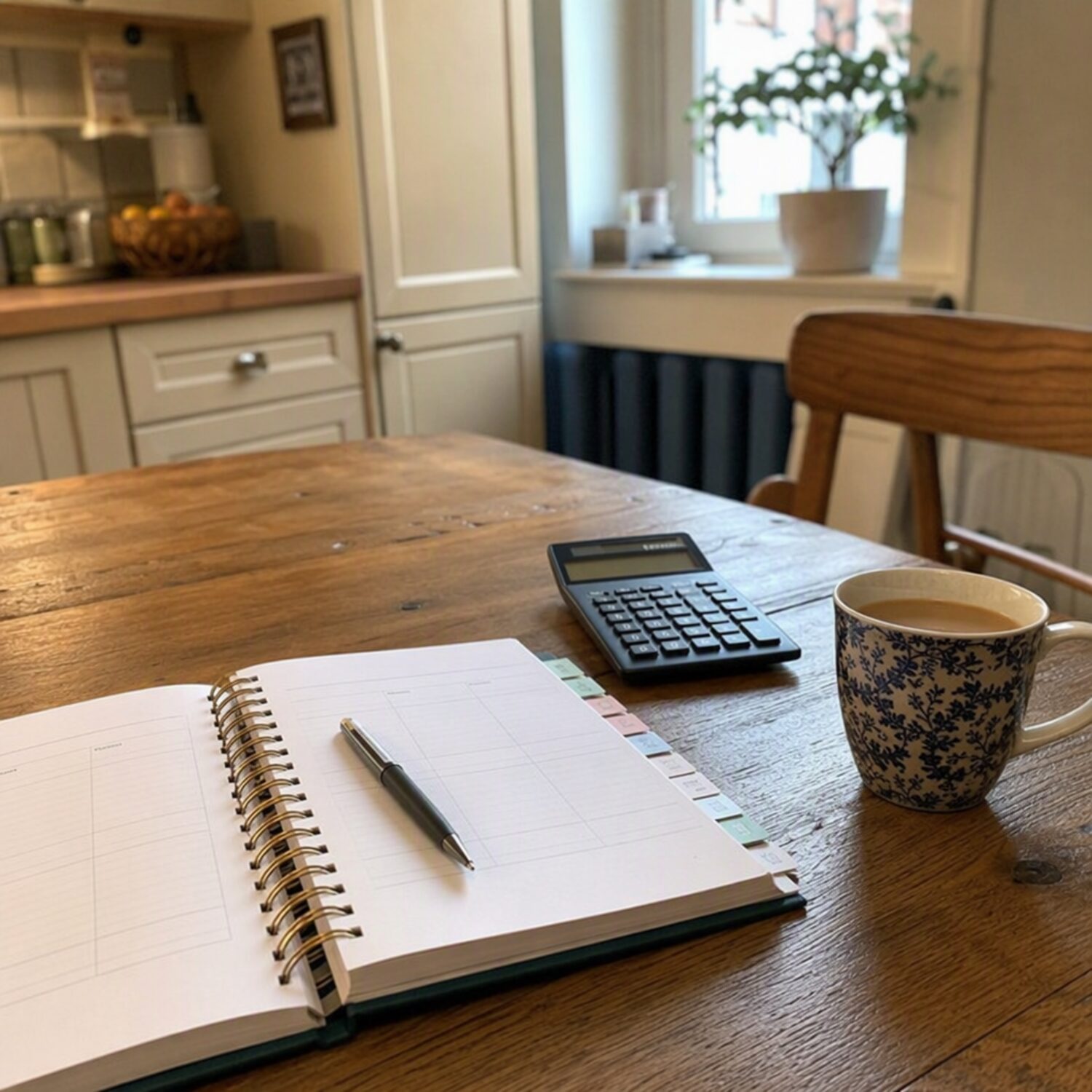 A planner and calculator on a kitchen table