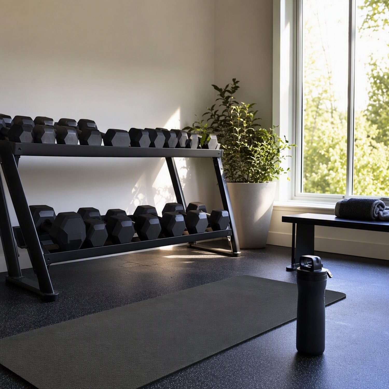A home gym corner with dumbbells and a mat