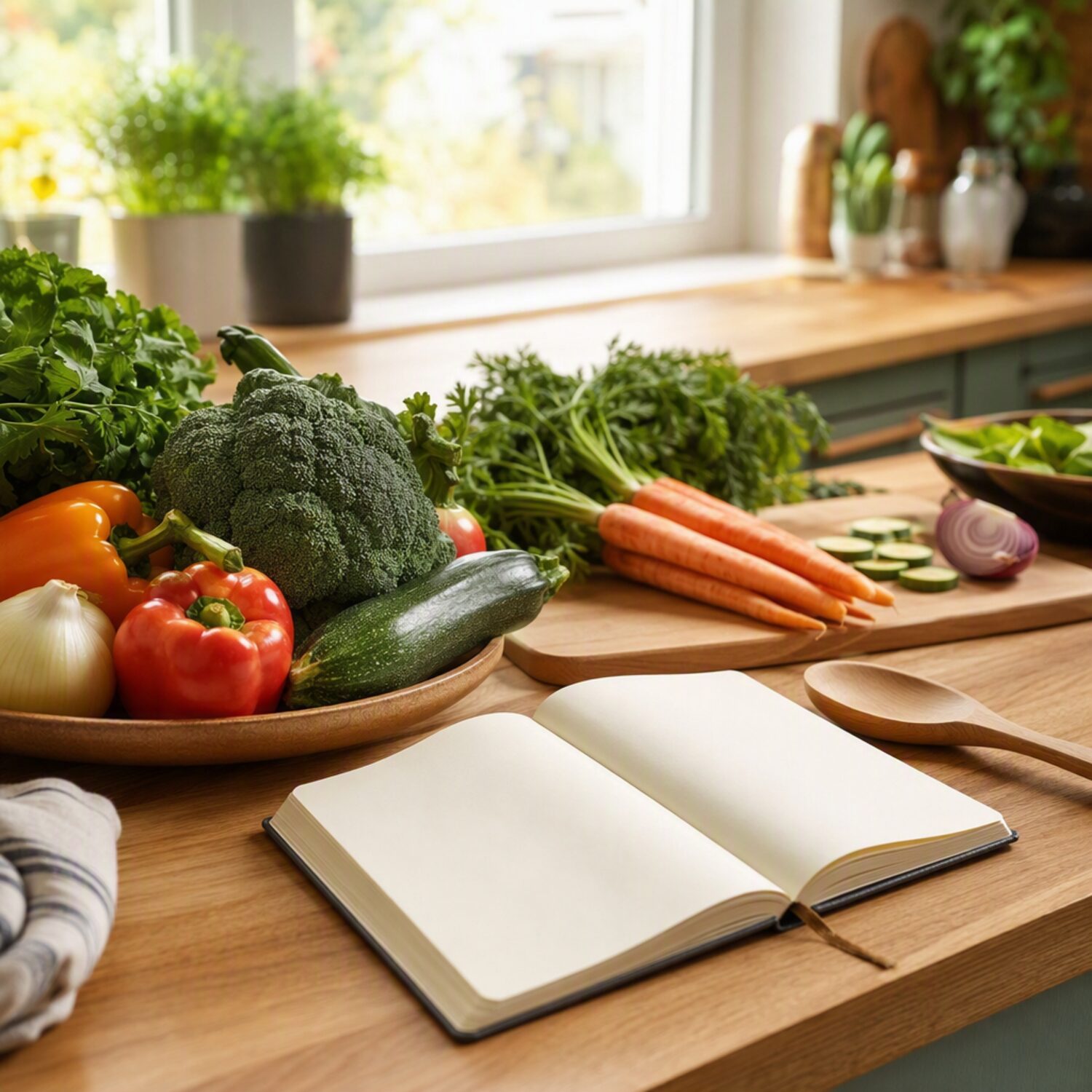 A kitchen counter with vegetables and a notebook