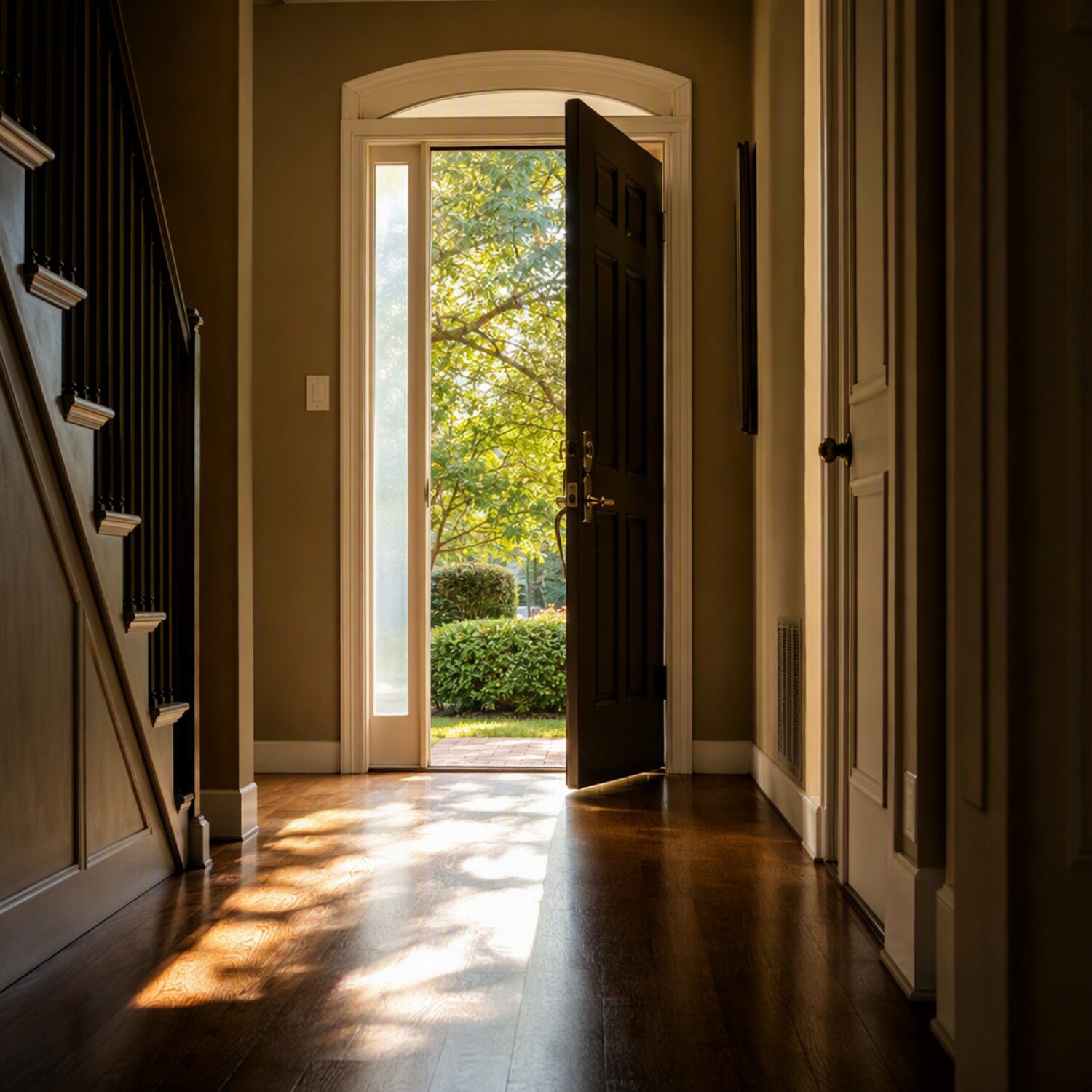 An open front door with morning light