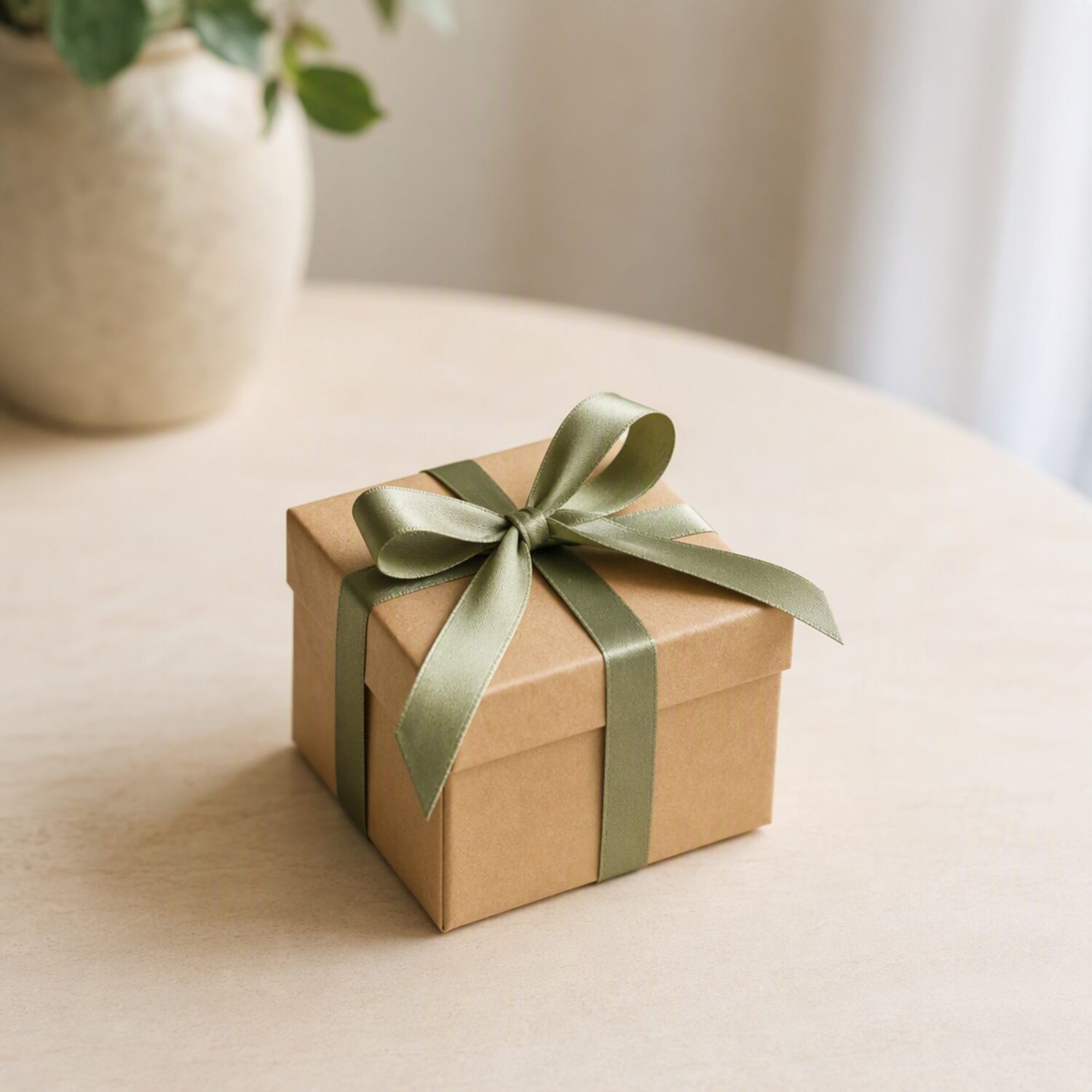A small wrapped gift box on a pale table