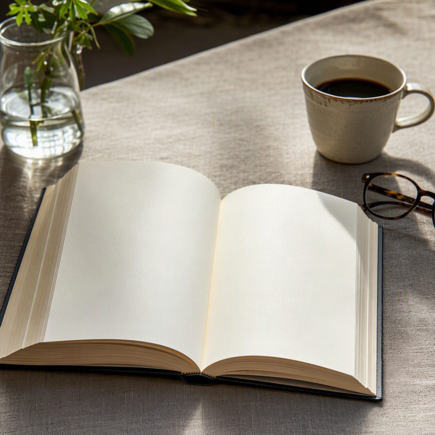 An open book beside coffee and glasses