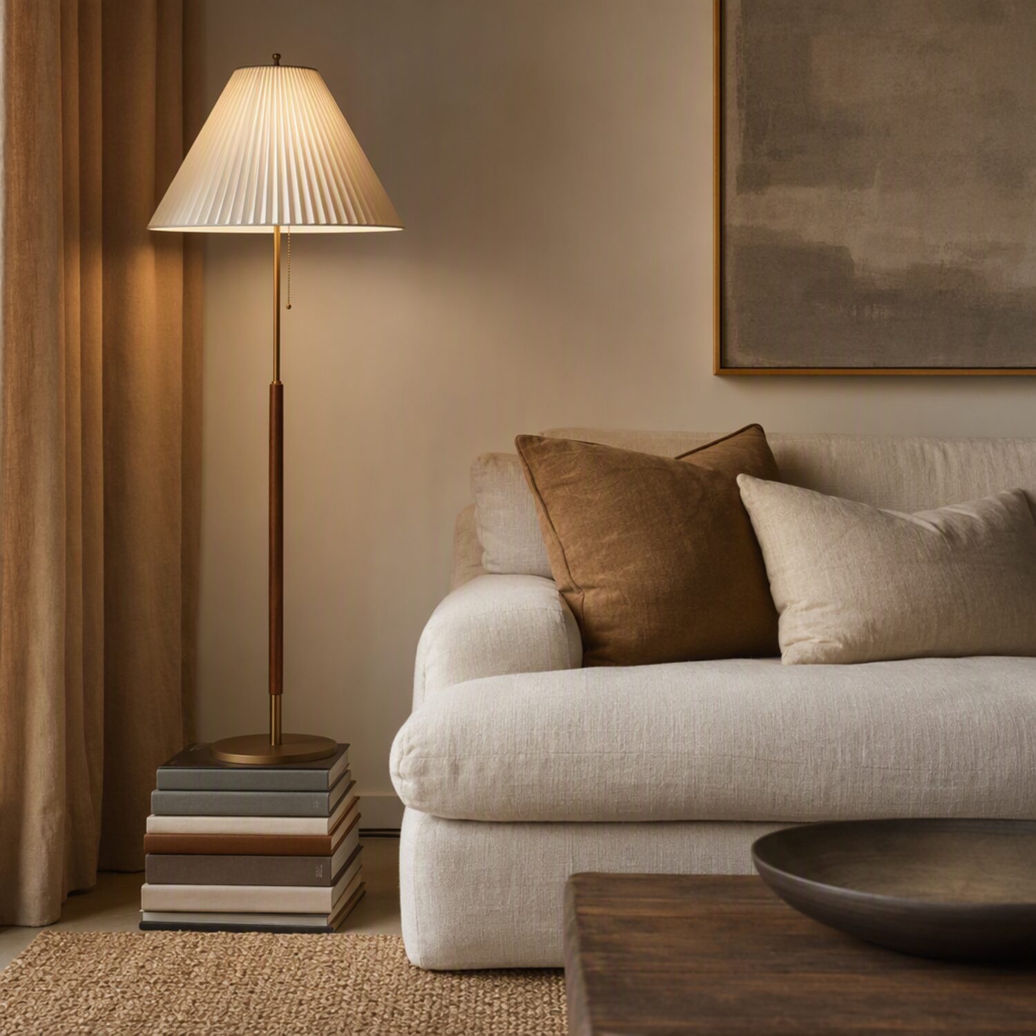A styled living room corner with a floor lamp