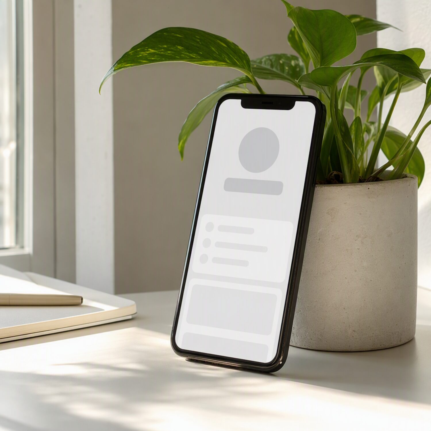 A phone showing a blank profile layout on a desk