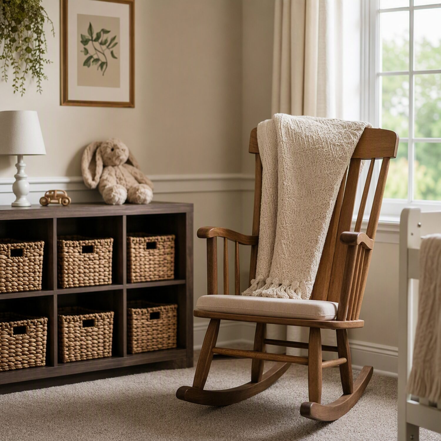 A nursery corner with a rocking chair