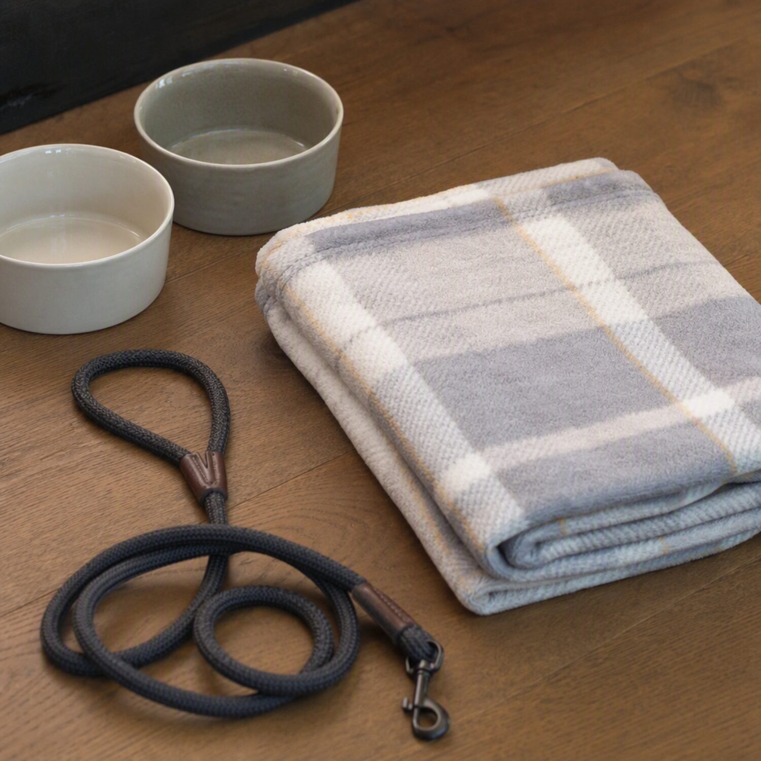 A lead and blanket beside pet bowls