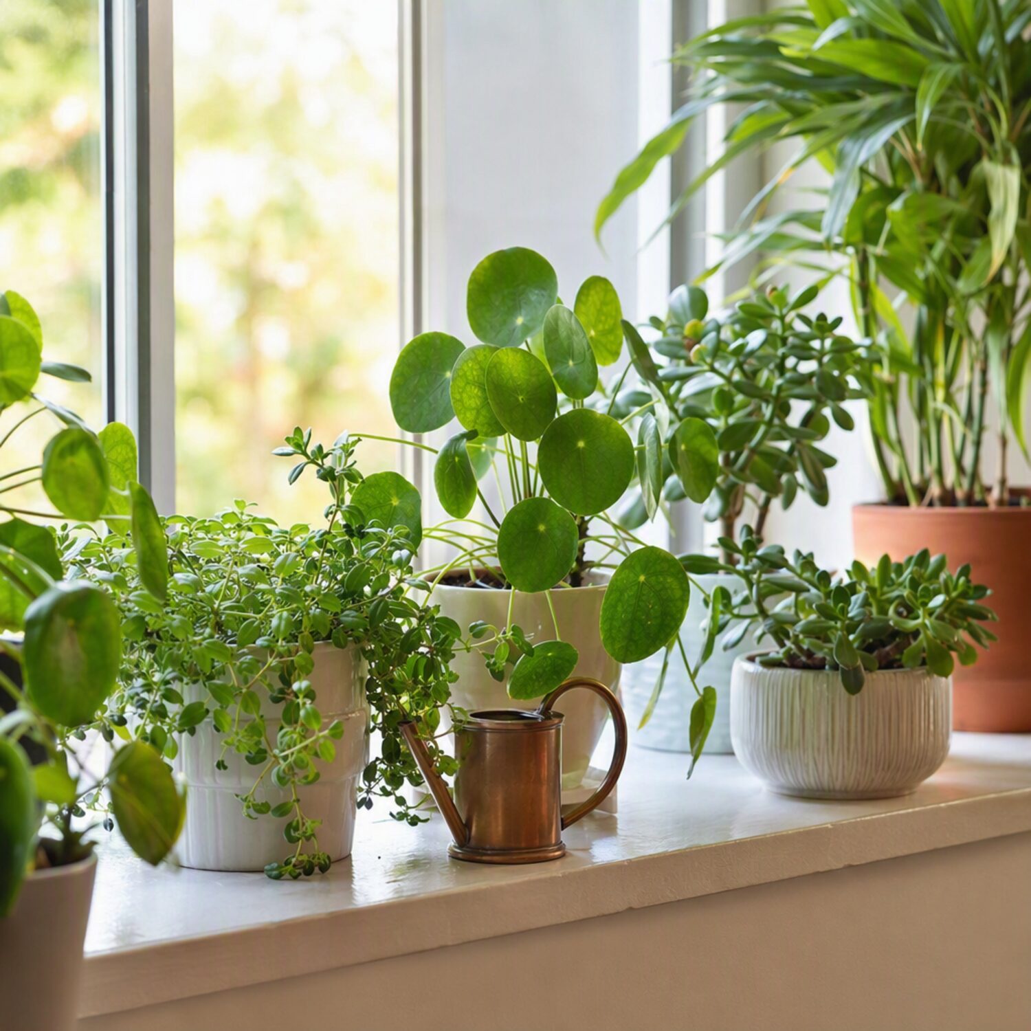 A windowsill crowded with houseplants