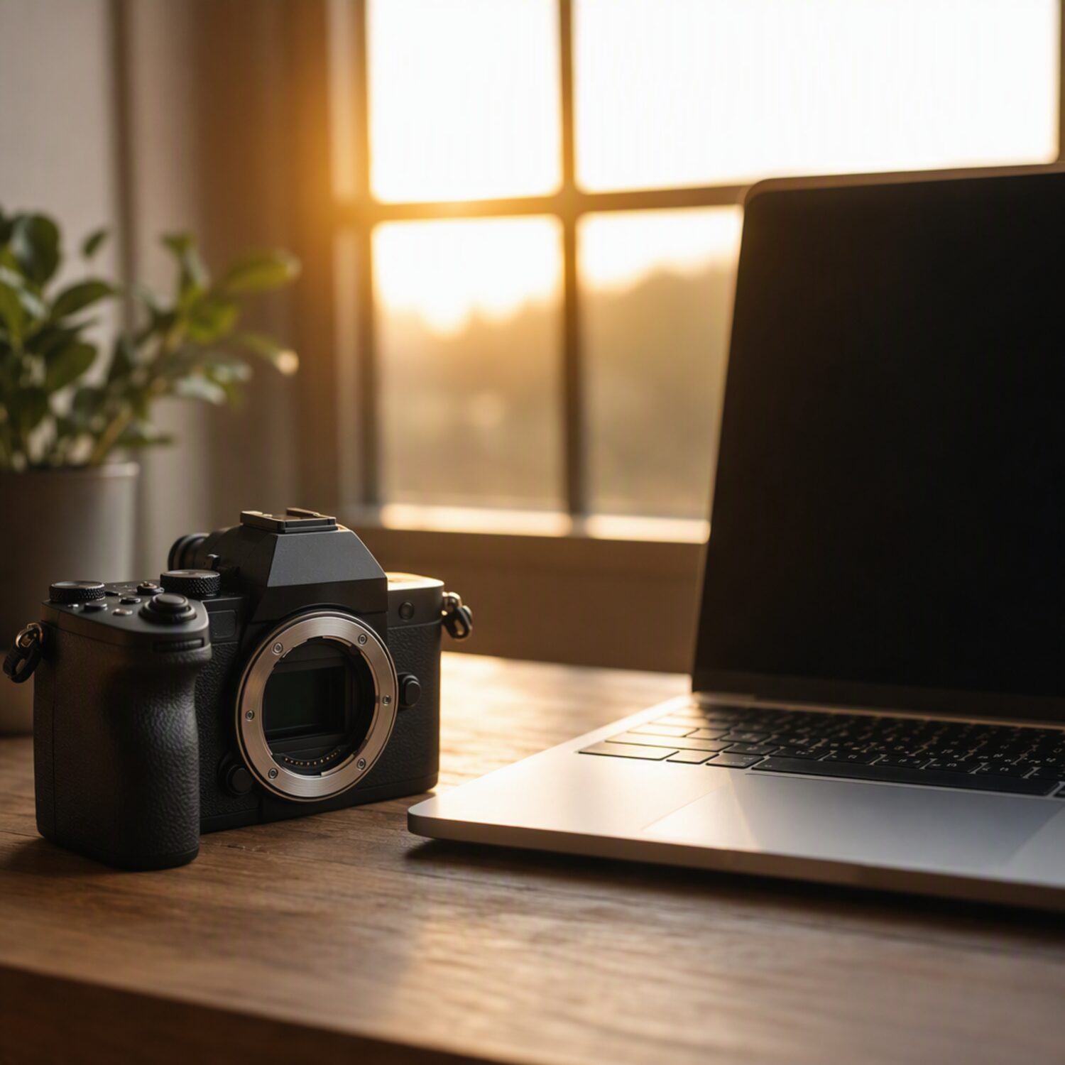 A camera beside a laptop on a wooden desk