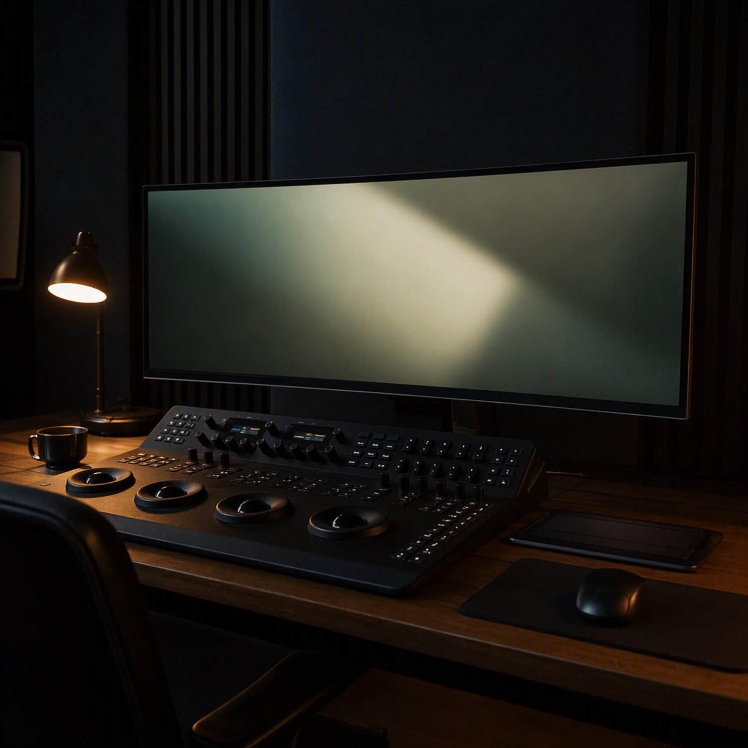 A colour grading panel and wide monitor