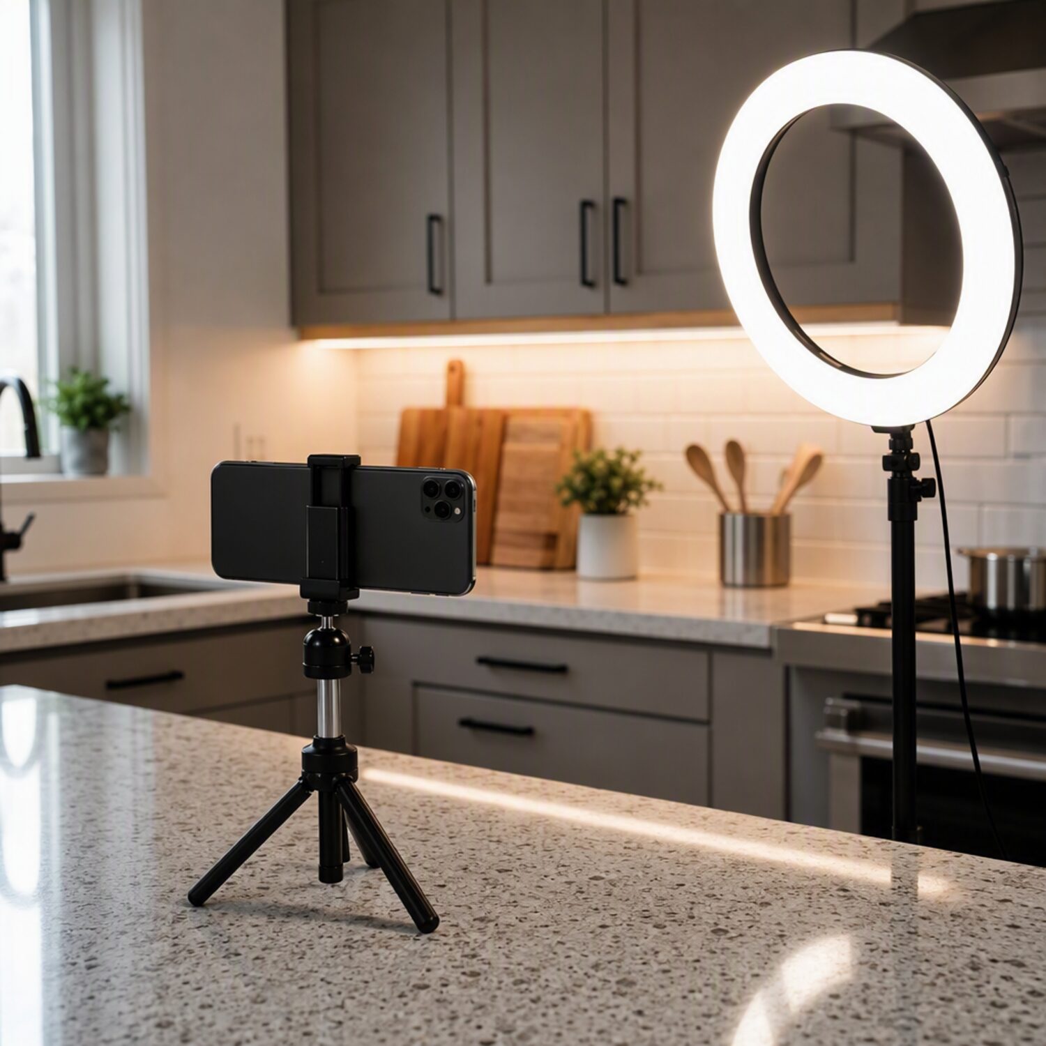 A phone on a tripod facing a kitchen counter