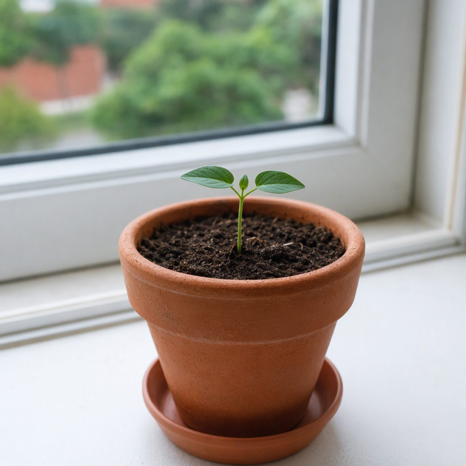 A seedling in a terracotta pot