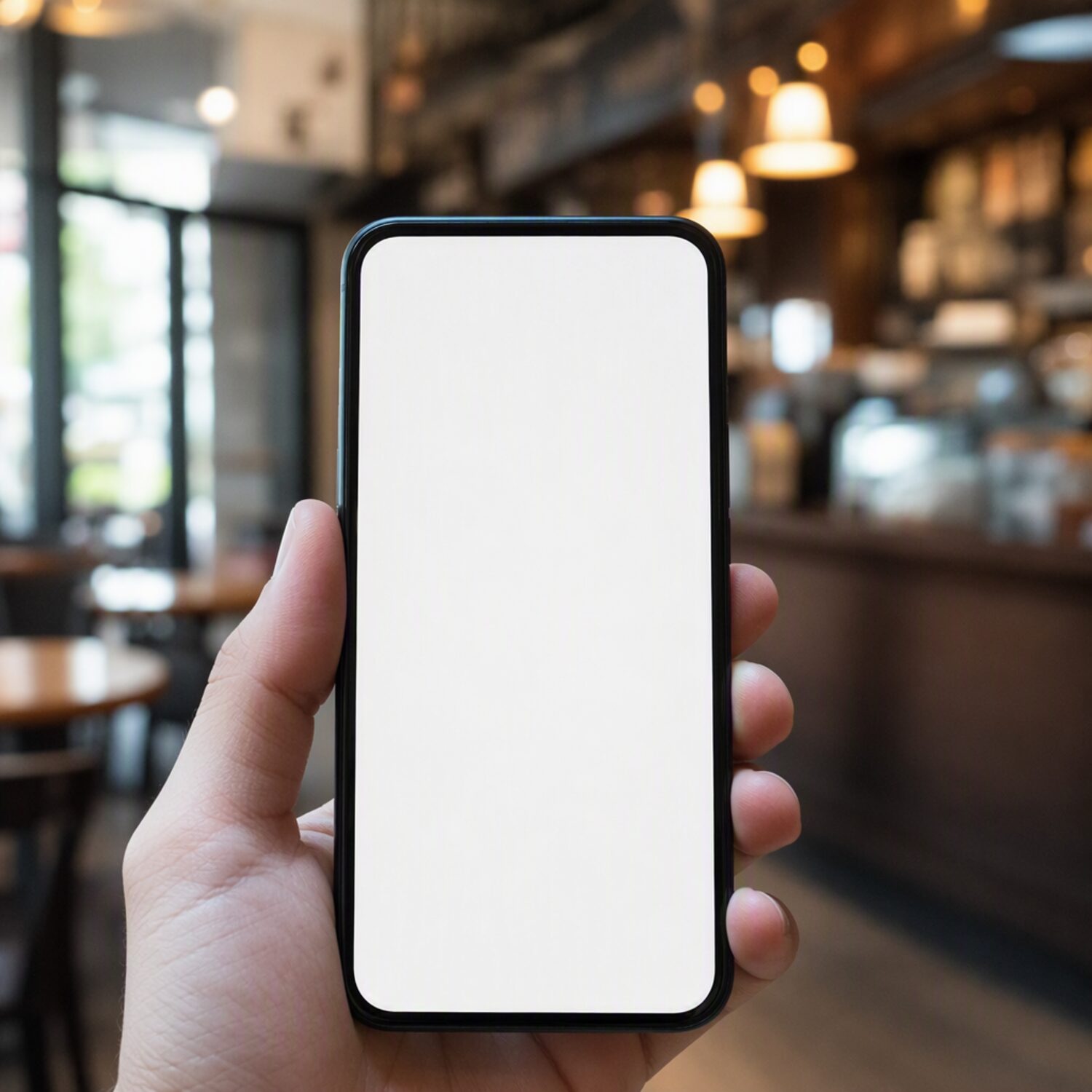 A phone showing a blank vertical screen in a café