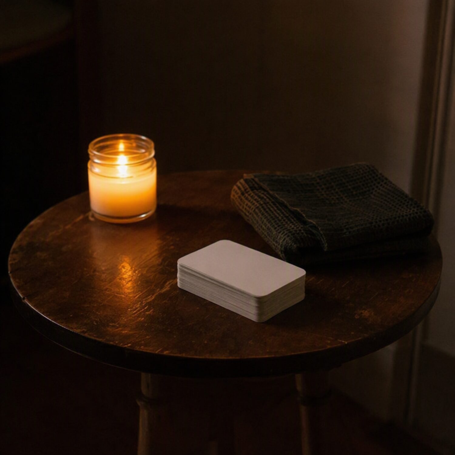 A candle and blank cards on a small table