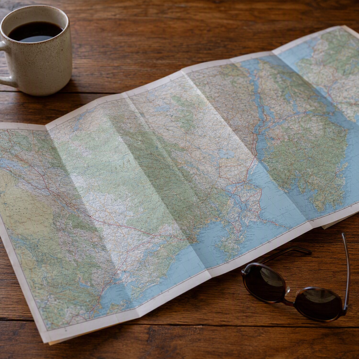 An open map with coffee and sunglasses