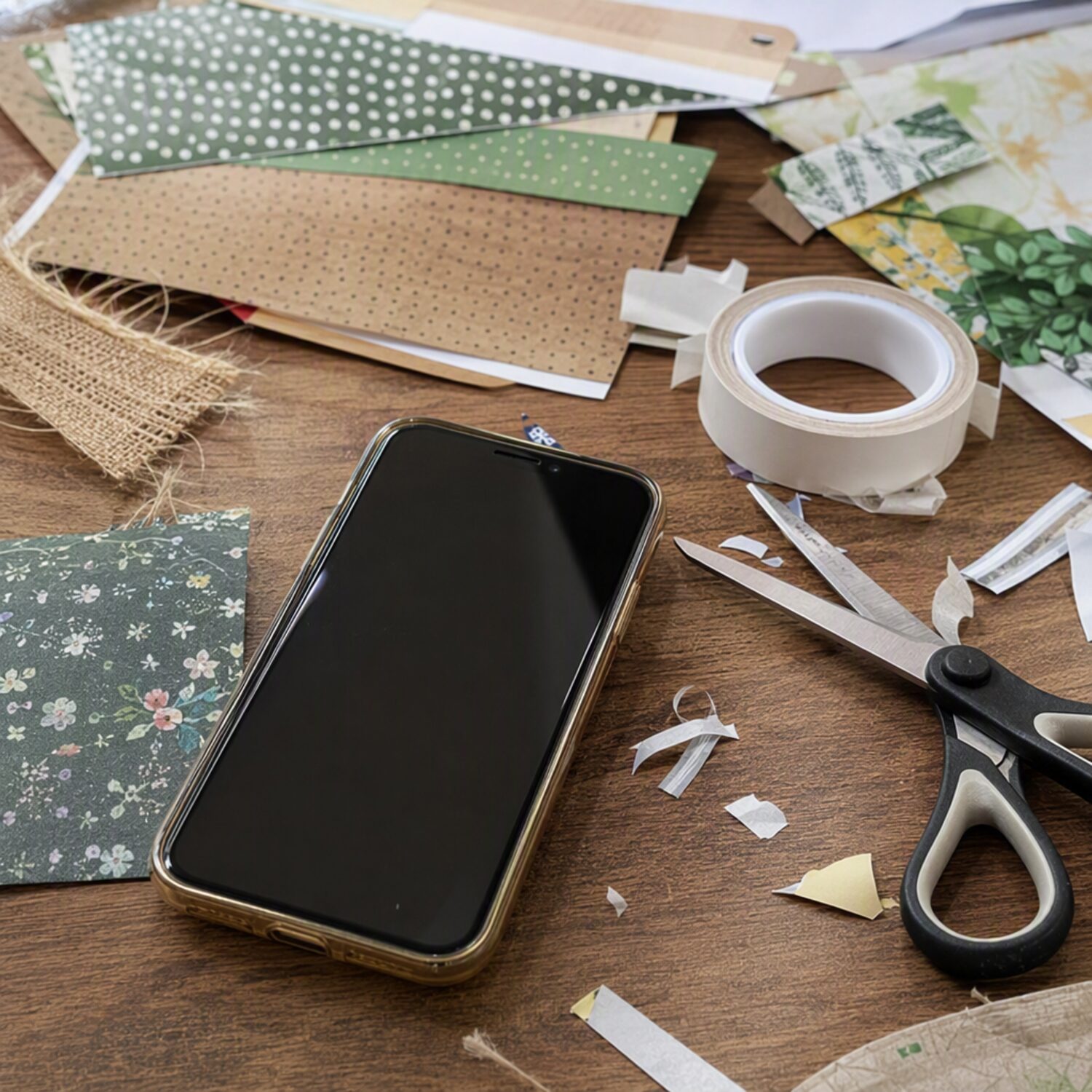 A phone face up on a craft table