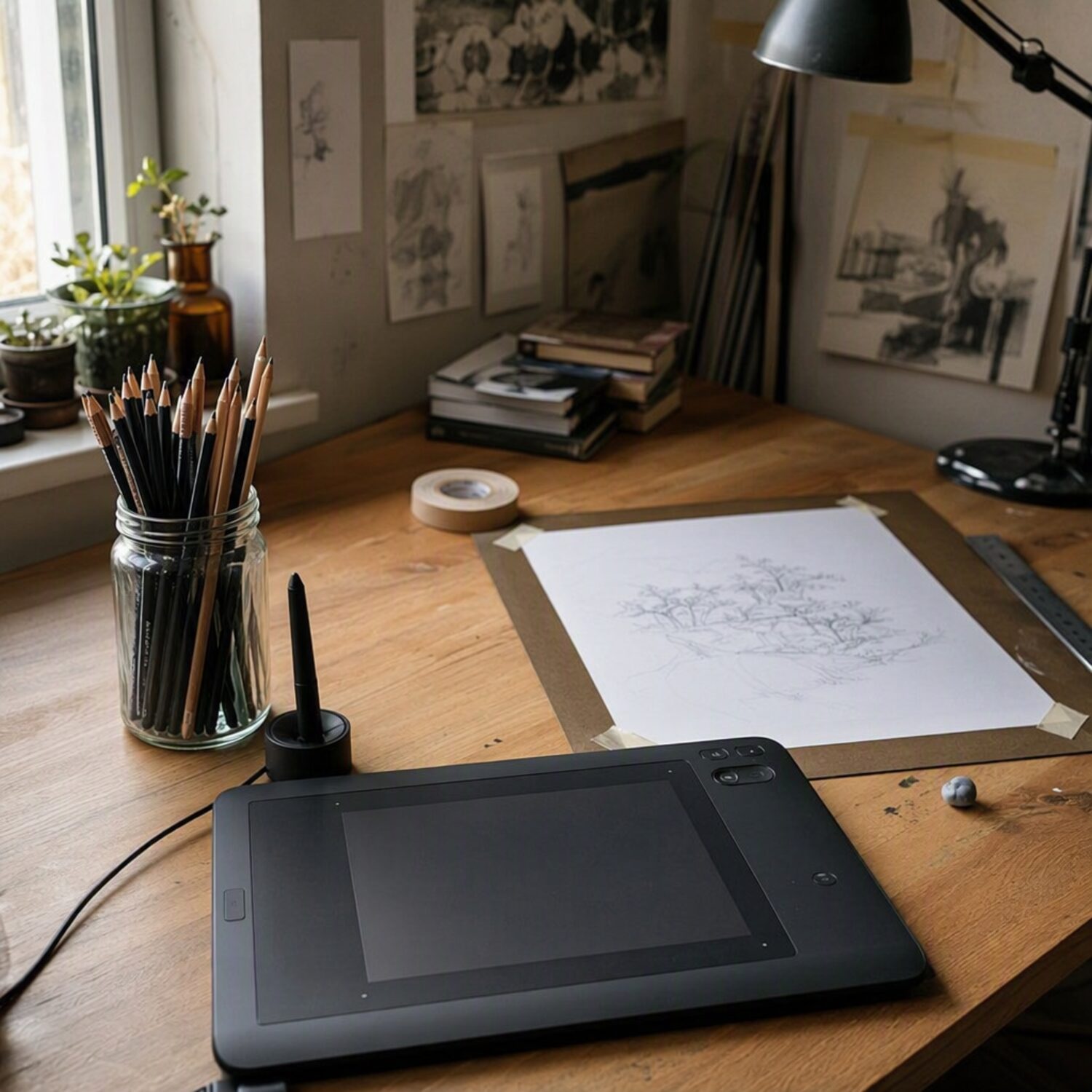 A graphics tablet and pencil jar on a desk