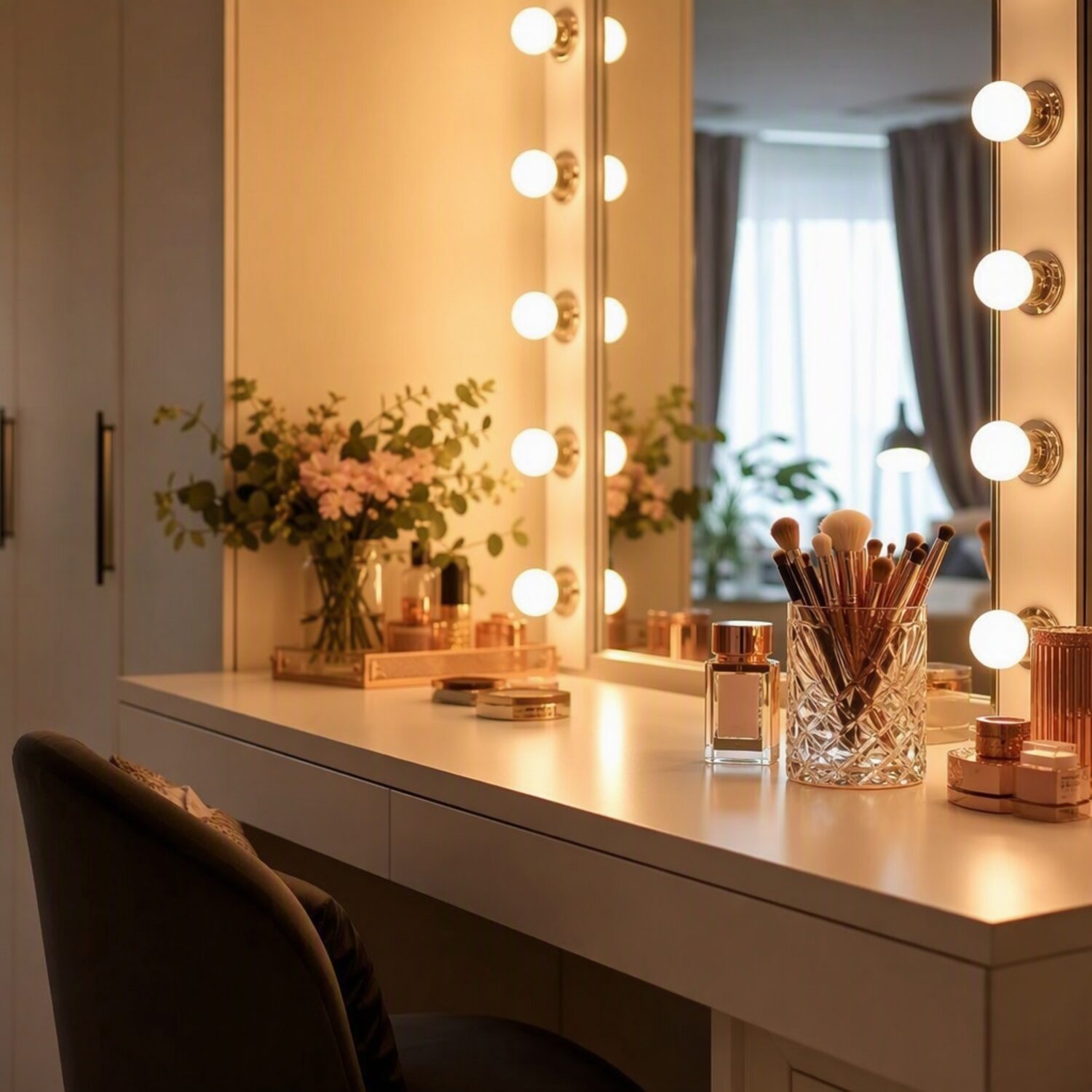 A vanity table with brushes and bulb lighting