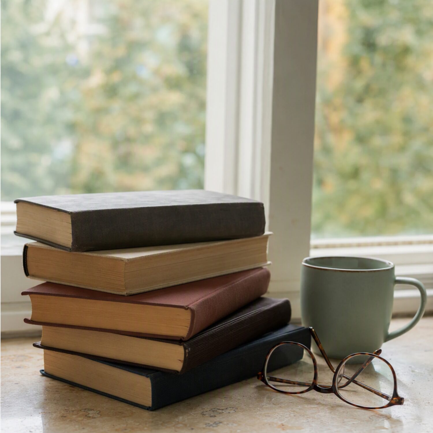 Stacked books on a windowsill