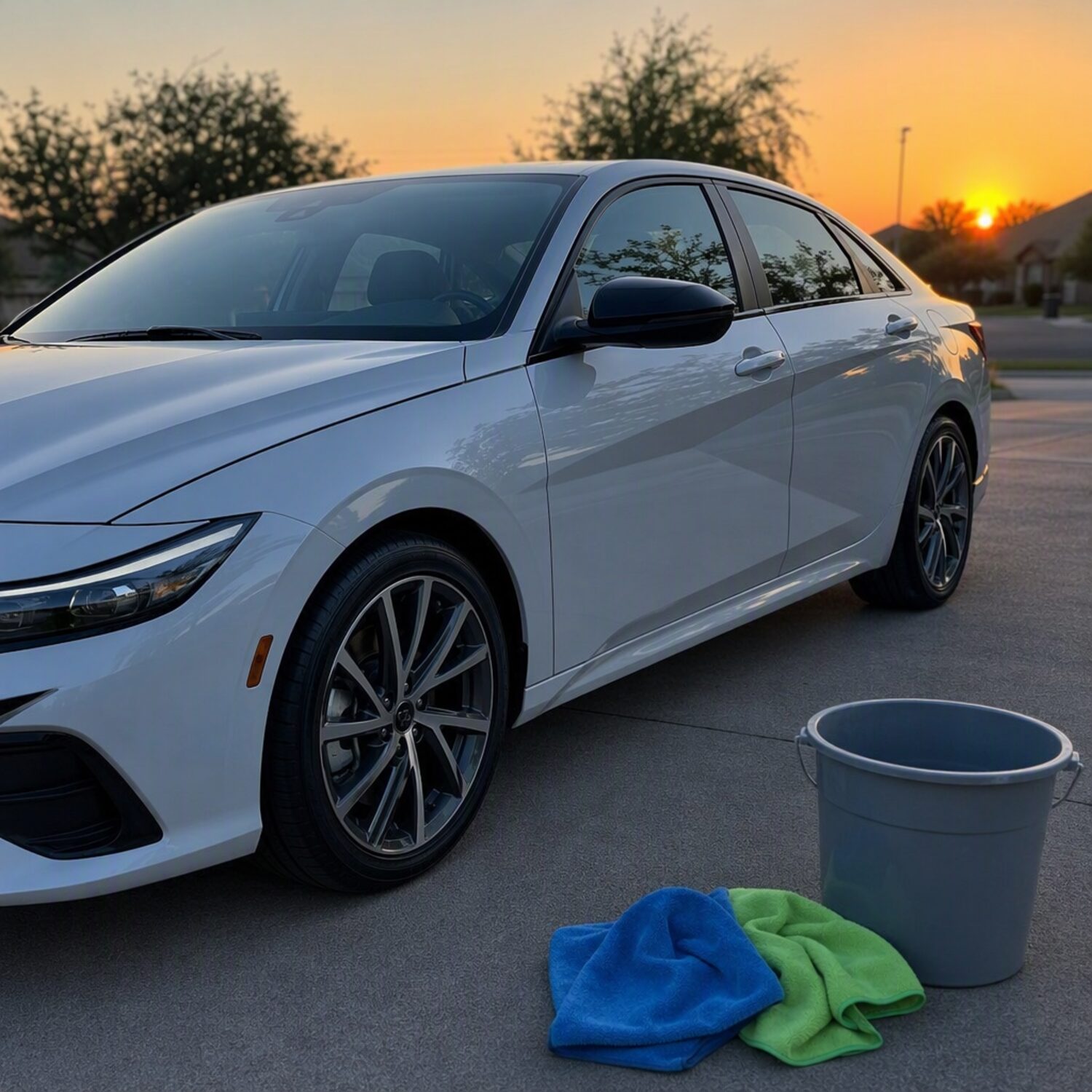 A clean car on a driveway with cleaning supplies