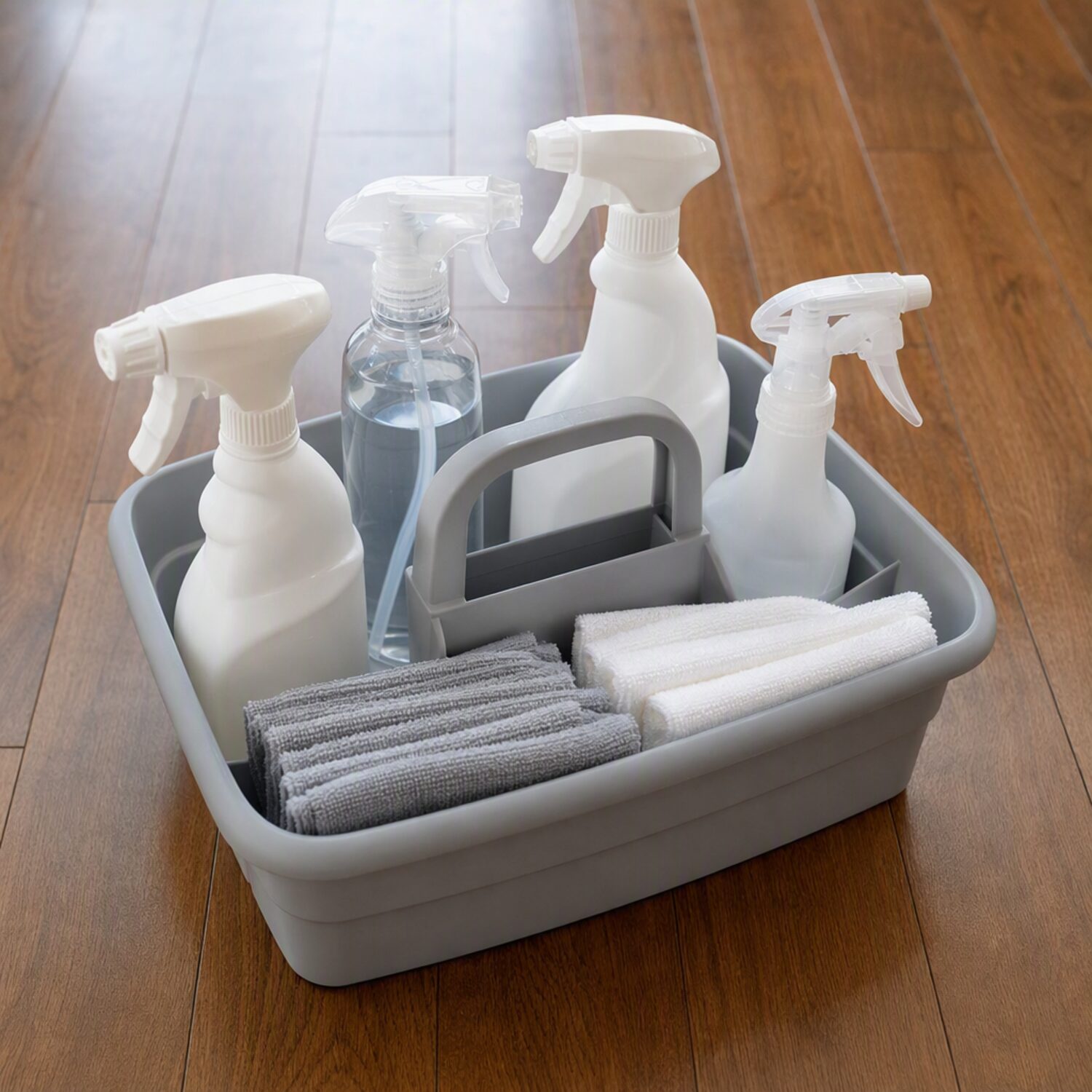 A cleaning caddy on a wooden floor