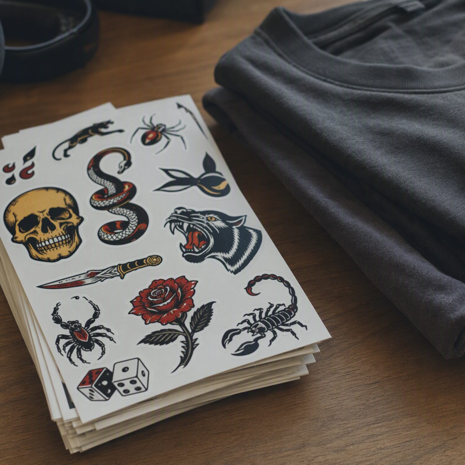Sticker sheets beside a folded shirt